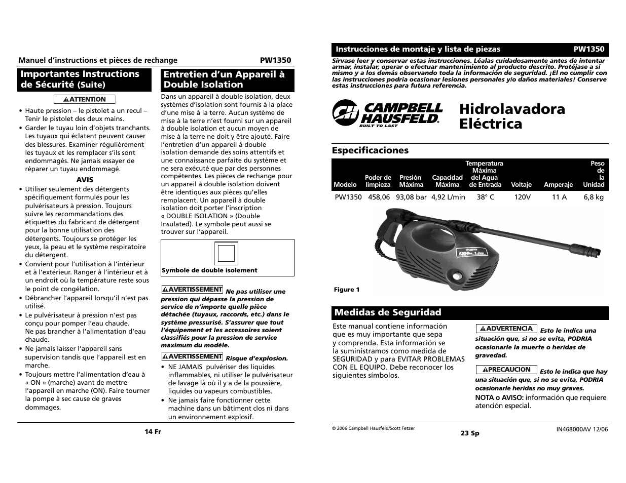 Hidrolavadora eléctrica, Especificaciones, Medidas de seguridad | Importantes instructions de sécurité, Entretien d’un appareil à double isolation | Campbell Hausfeld PW1350 User Manual | Page 14 / 18