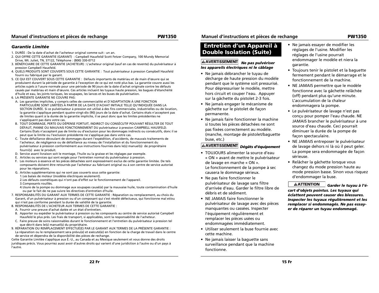 Entretien d’un appareil à double isolation (suite) | Campbell Hausfeld PW1350 User Manual | Page 15 / 18