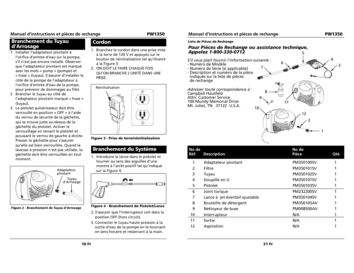 Branchement du tuyau d’arrosage, Cordon, Branchement du système | Campbell Hausfeld PW1350 User Manual | Page 16 / 18