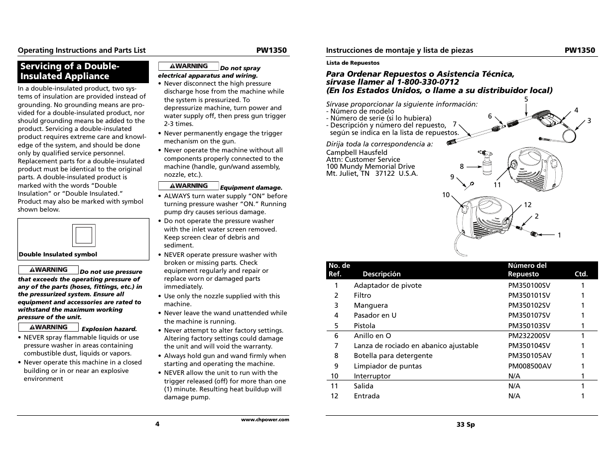 Servicing of a double- insulated appliance | Campbell Hausfeld PW1350 User Manual | Page 4 / 18