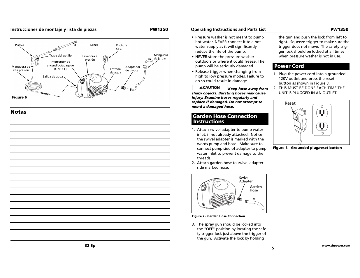 Notas, Garden hose connection instructions, Power cord | Campbell Hausfeld PW1350 User Manual | Page 5 / 18