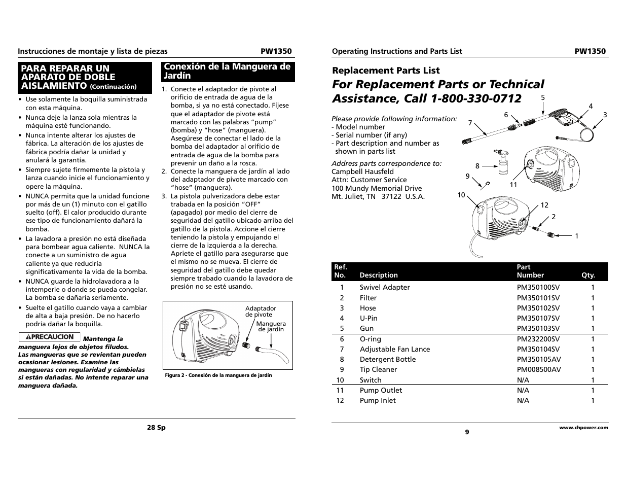 Para reparar un aparato de doble aislamiento, Conexión de la manguera de jardín, Replacement parts list | Campbell Hausfeld PW1350 User Manual | Page 9 / 18