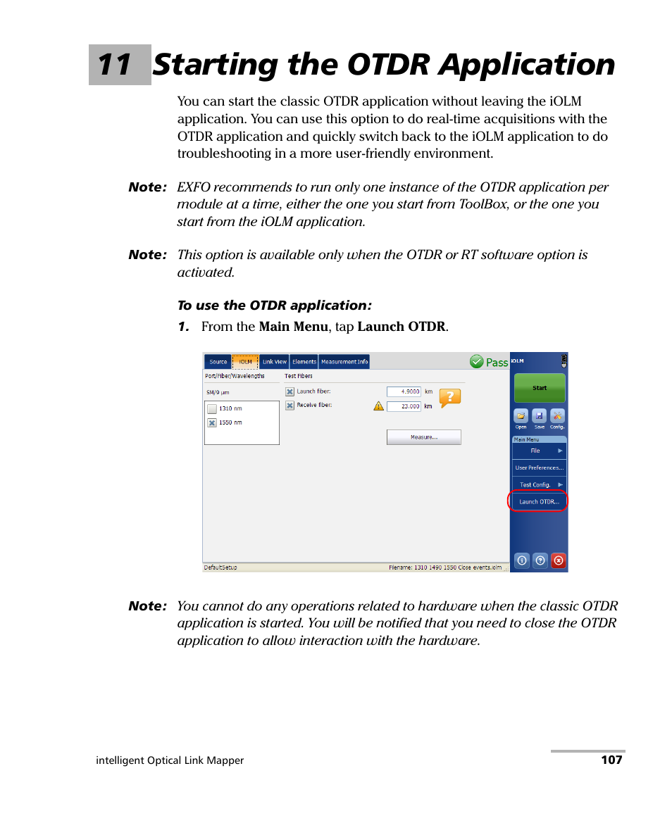 11 starting the otdr application | EXFO iOLM User Manual | Page 113 / 186