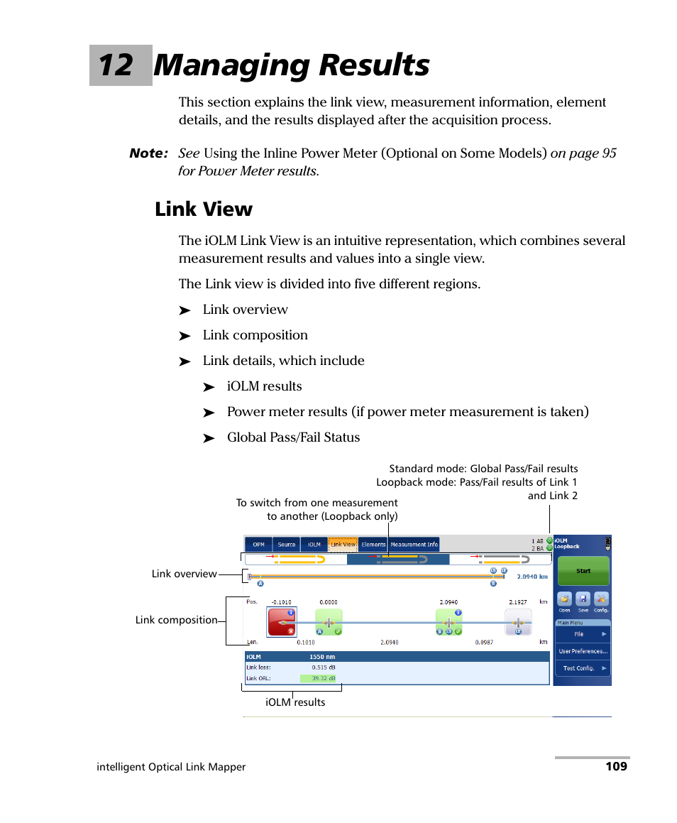 12 managing results, Link view | EXFO iOLM User Manual | Page 115 / 186