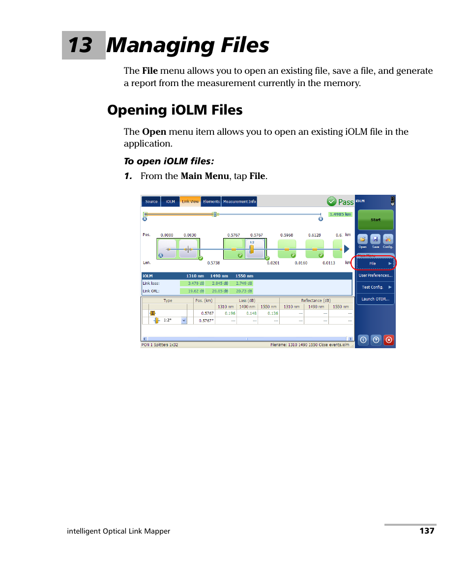 13 managing files, Opening iolm files | EXFO iOLM User Manual | Page 143 / 186