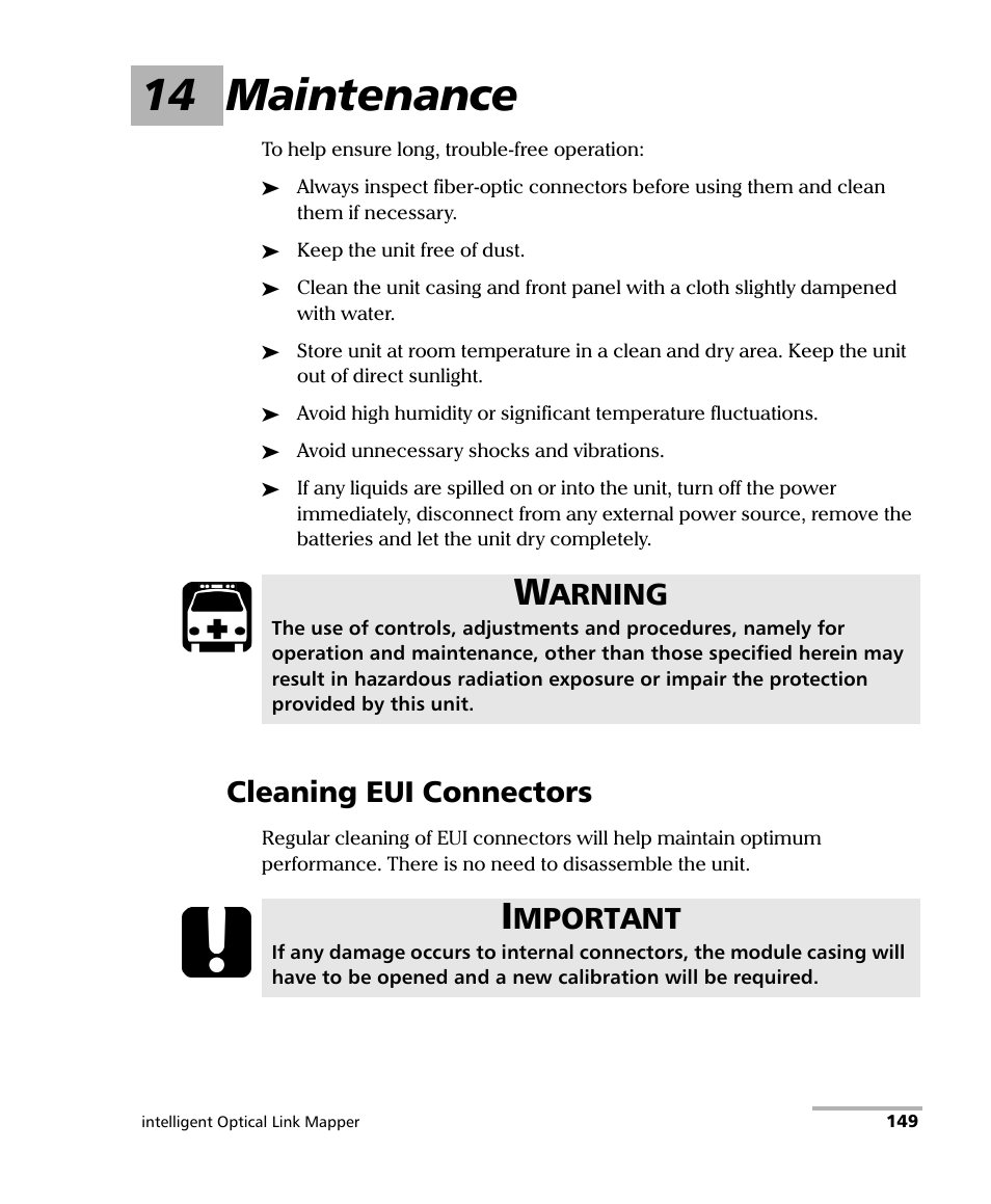 14 maintenance, Cleaning eui connectors, Arning | Mportant | EXFO iOLM User Manual | Page 155 / 186