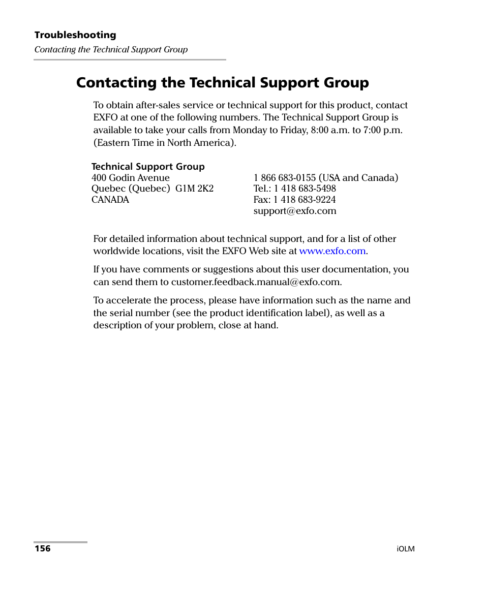 Contacting the technical support group | EXFO iOLM User Manual | Page 162 / 186