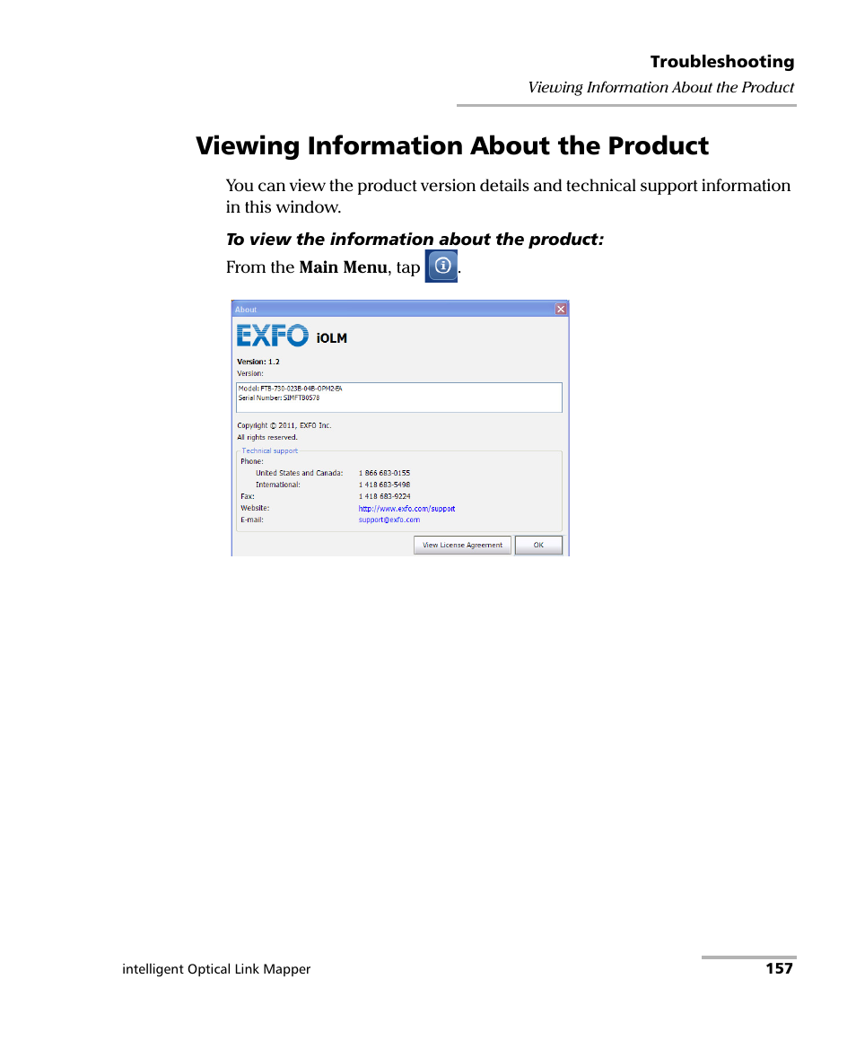 Viewing information about the product | EXFO iOLM User Manual | Page 163 / 186