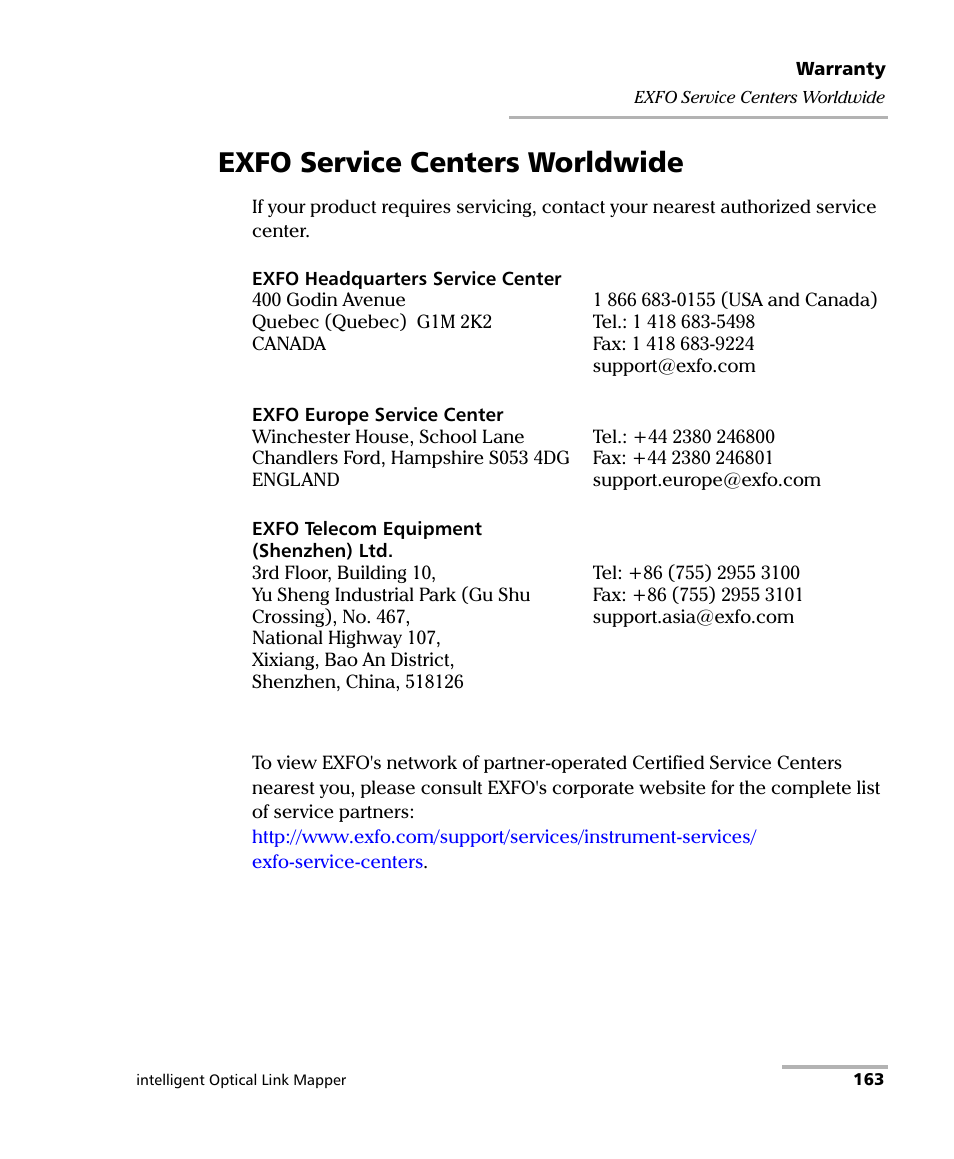 Exfo service centers worldwide | EXFO iOLM User Manual | Page 169 / 186