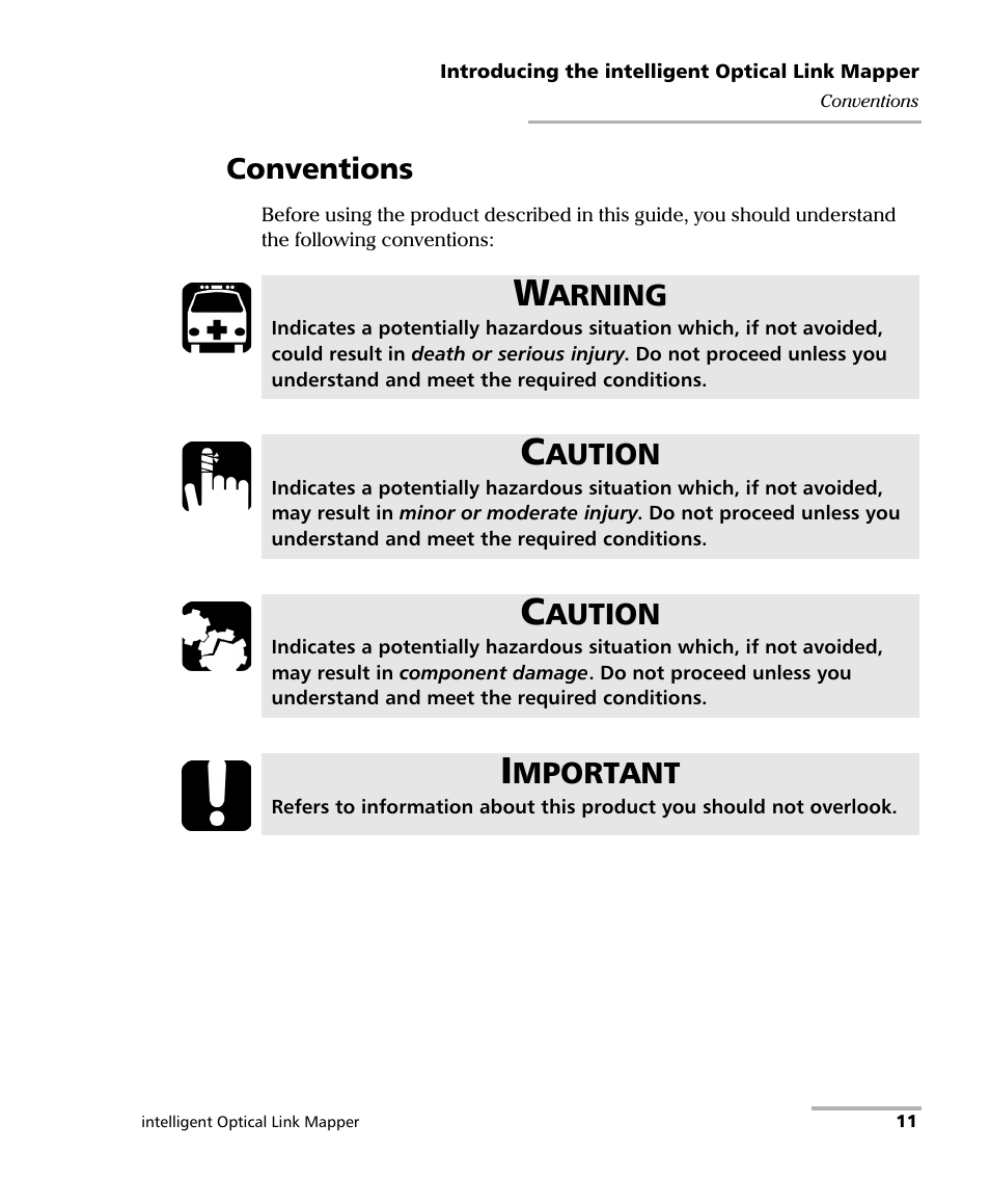 Conventions, Arning, Aution | Mportant | EXFO iOLM User Manual | Page 17 / 186