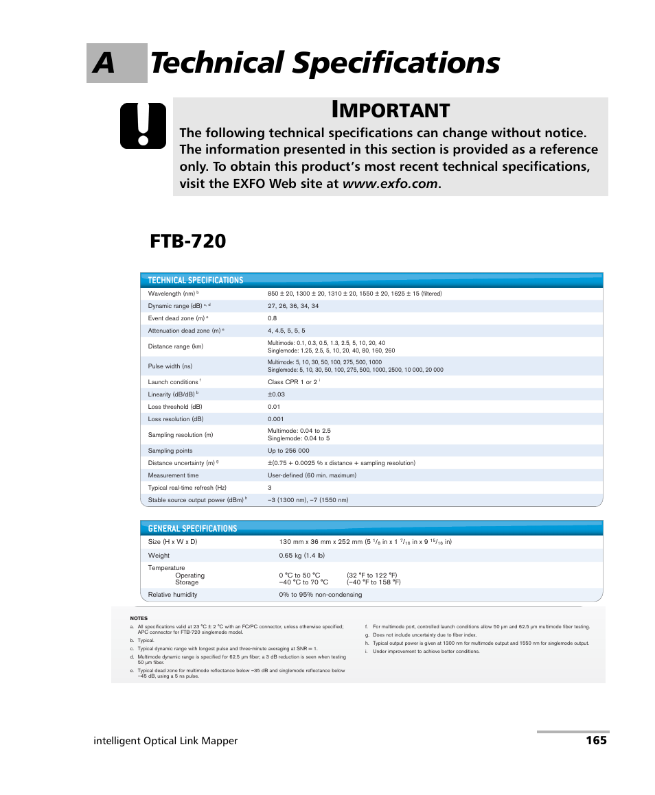 A technical specifications, Ftb-720, Mportant | Intelligent optical link mapper, Technical specifications, General specifications | EXFO iOLM User Manual | Page 171 / 186