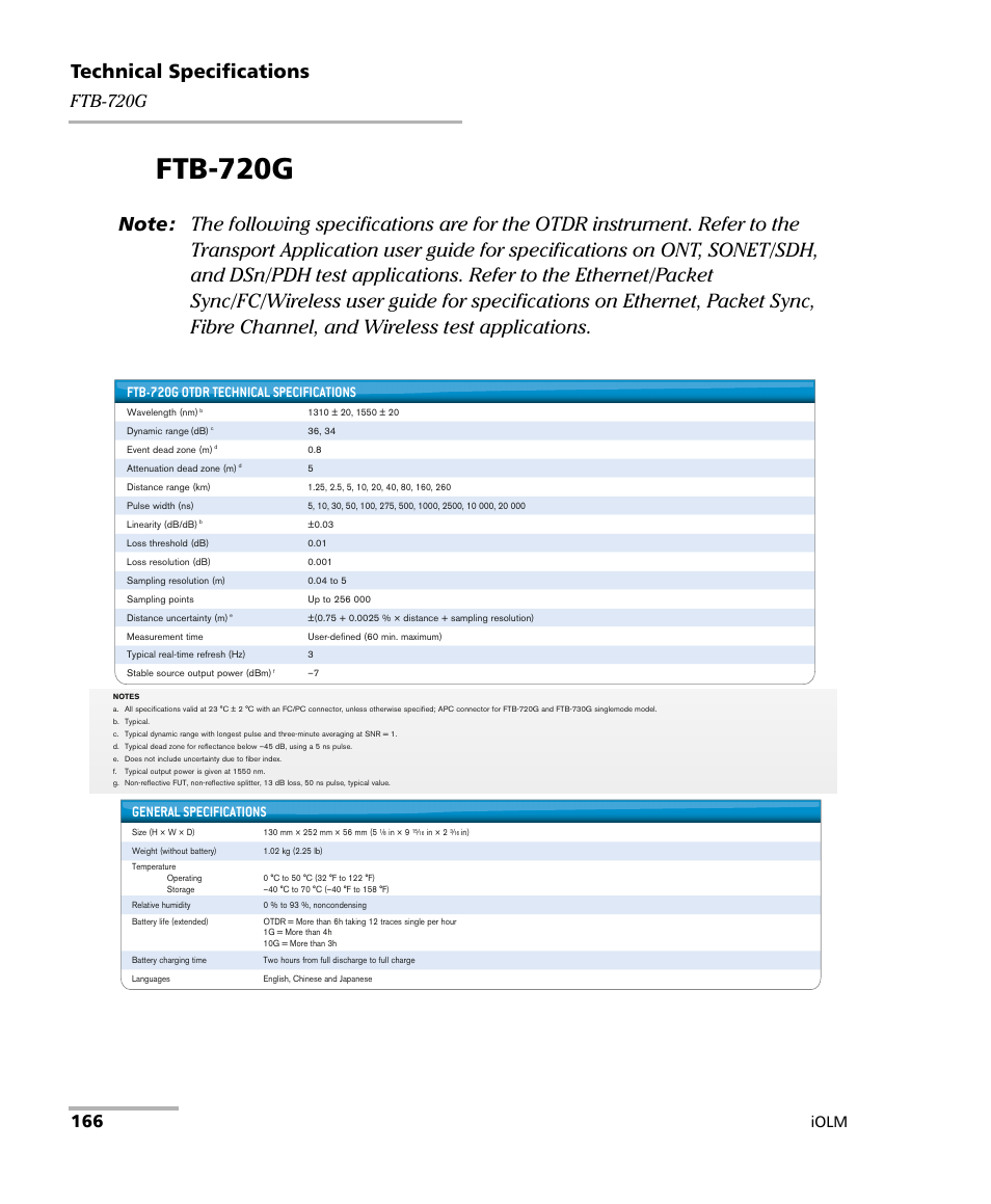 Ftb-720g, Technical specifications, Iolm | Ftb-720g otdr technical specifications, General specifications | EXFO iOLM User Manual | Page 172 / 186