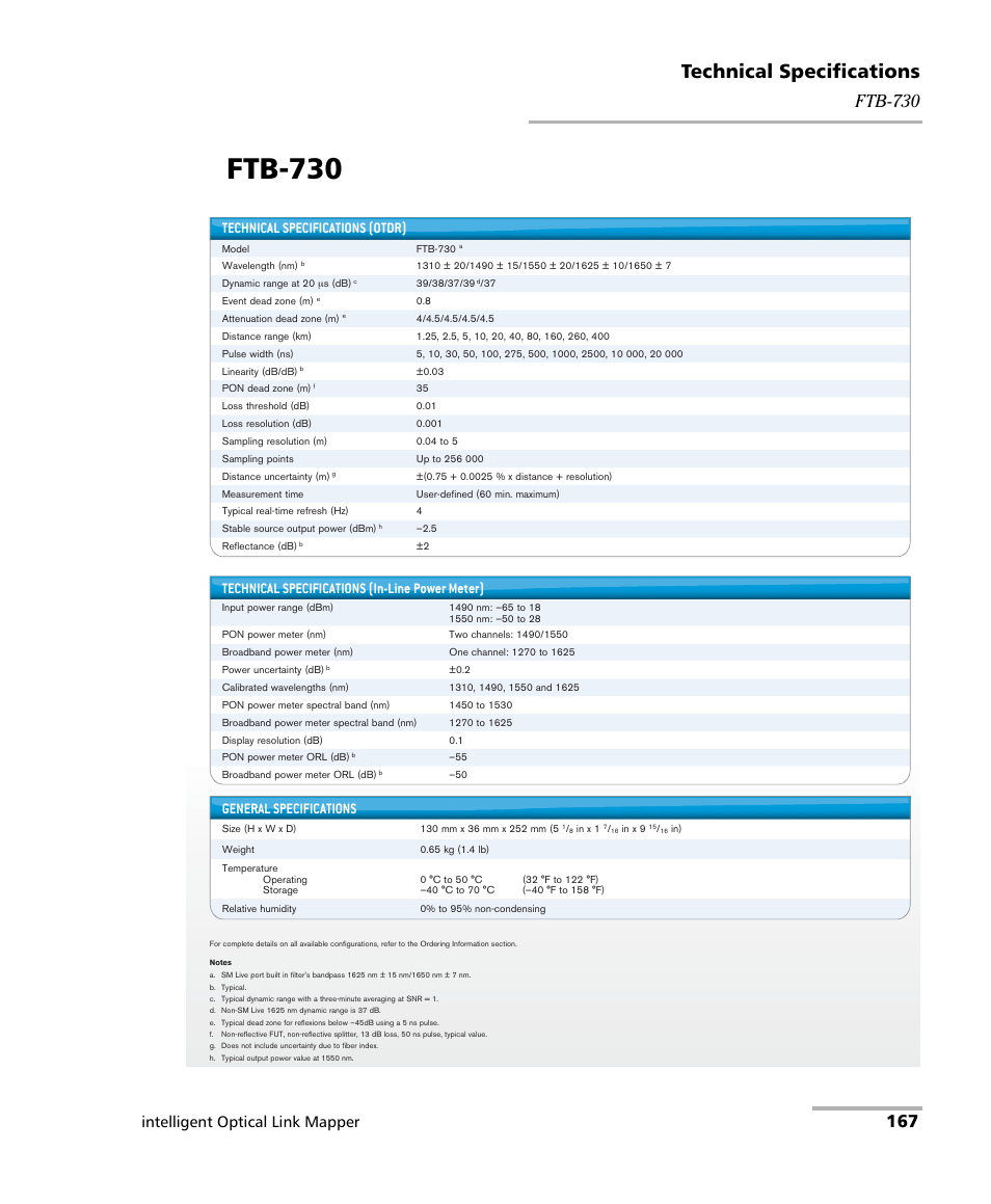 Ftb-730, Technical specifications, Intelligent optical link mapper | Technical specifications (otdr), Technical specifications (in-line power meter), General specifications | EXFO iOLM User Manual | Page 173 / 186