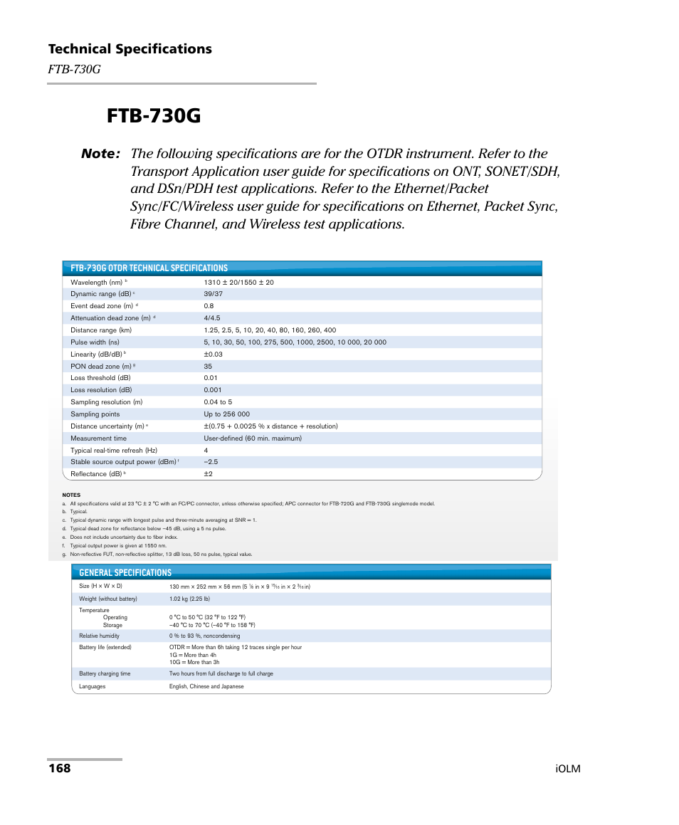 Ftb-730g, Technical specifications, Iolm | Ftb-730g otdr technical specifications, General specifications | EXFO iOLM User Manual | Page 174 / 186