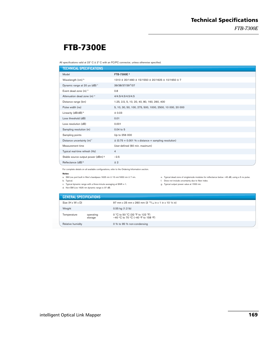 Ftb-7300e, Technical specifications, Intelligent optical link mapper | General specifications | EXFO iOLM User Manual | Page 175 / 186