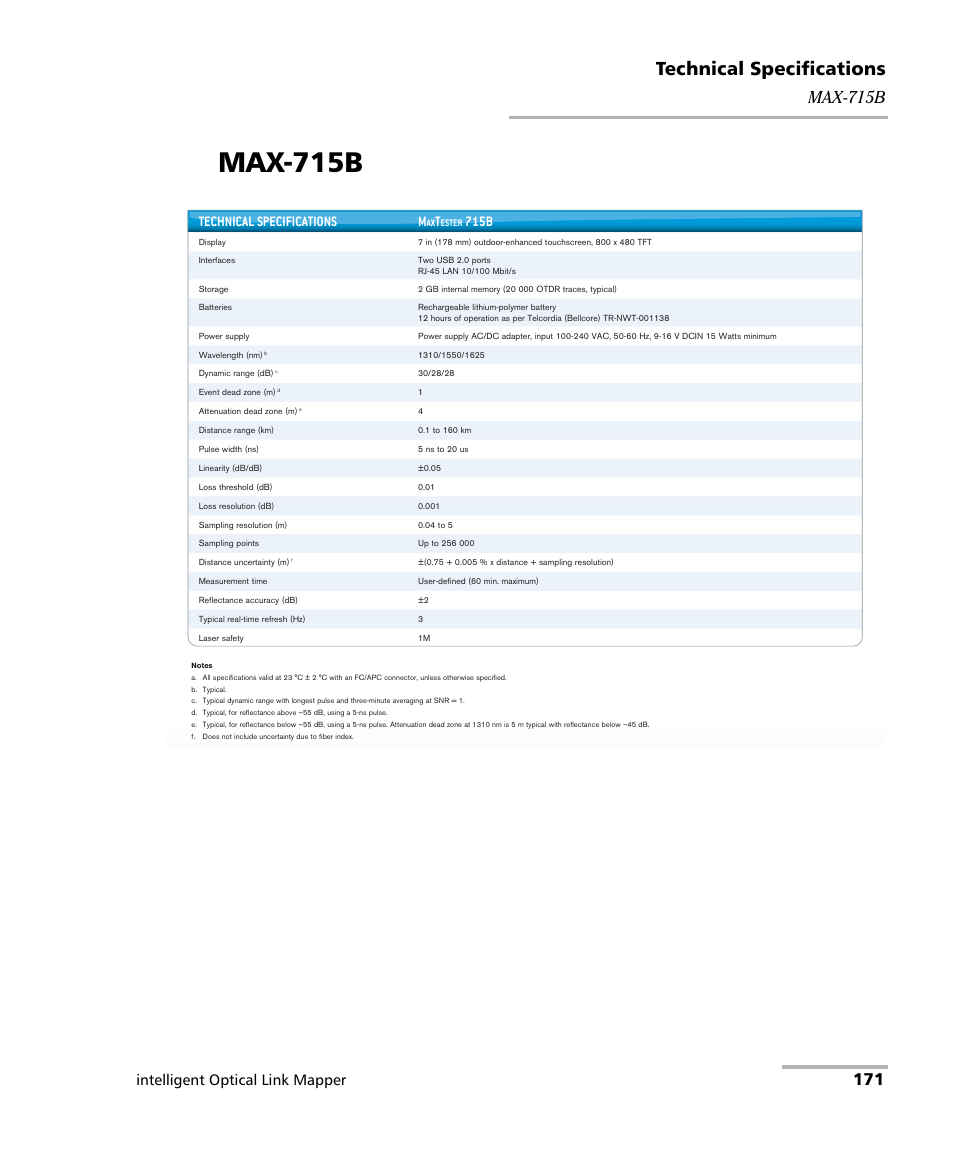 Max-715b, Technical specifications, Intelligent optical link mapper | Technical specifications m, 715b | EXFO iOLM User Manual | Page 177 / 186