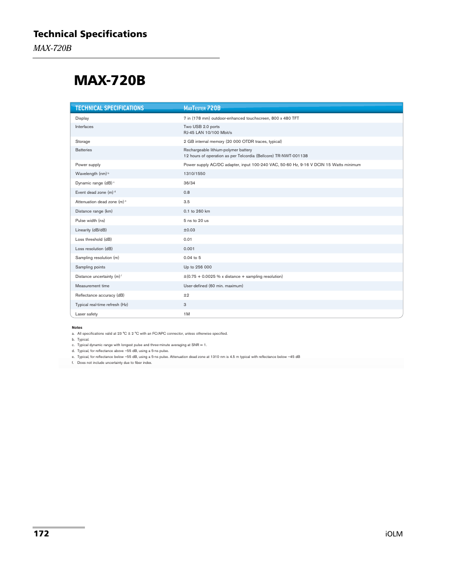 Max-720b, Technical specifications, Iolm | Technical specifications m, 720b | EXFO iOLM User Manual | Page 178 / 186