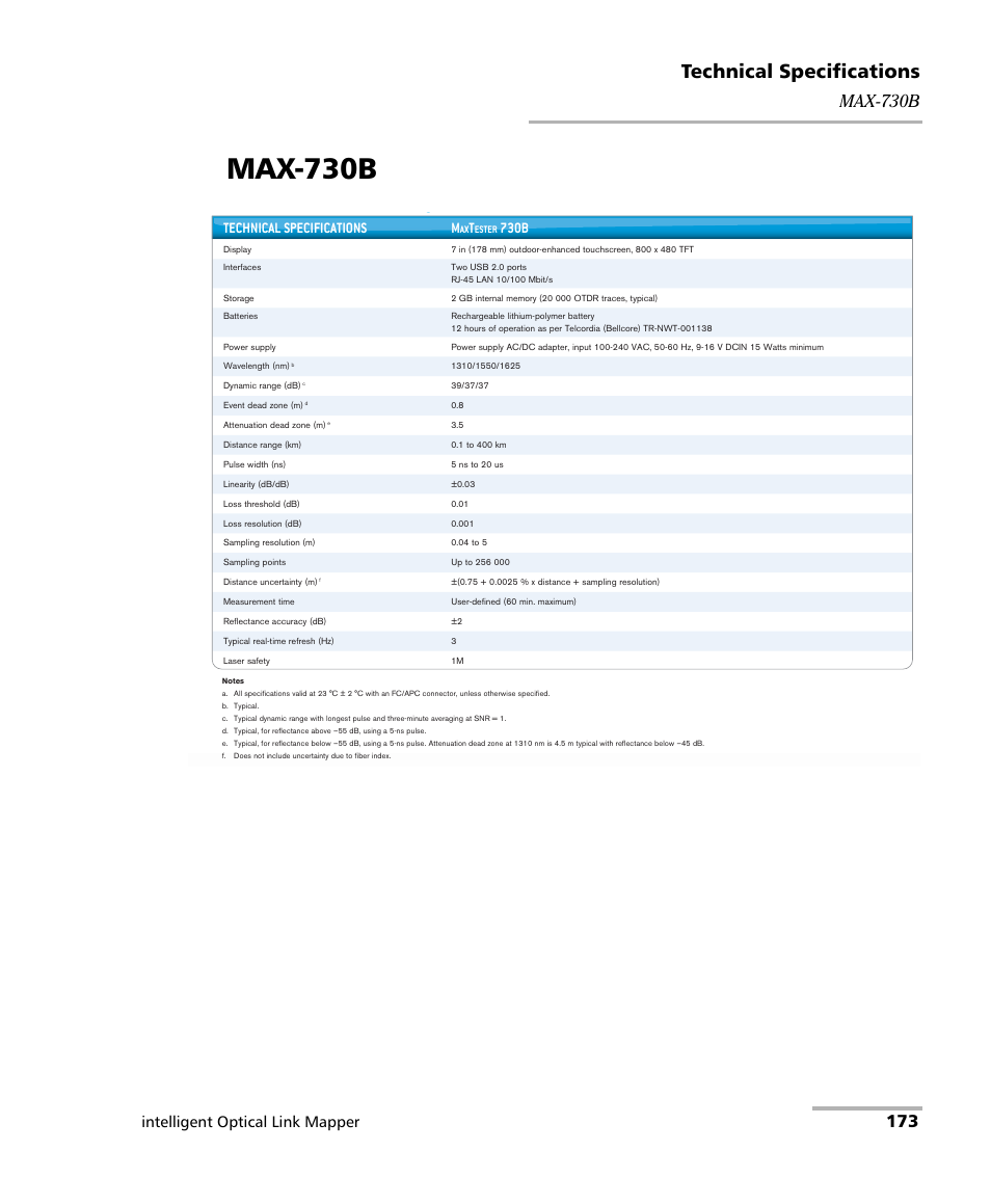 Max-730b, Technical specifications, Intelligent optical link mapper | Technical specifications m, 730b | EXFO iOLM User Manual | Page 179 / 186