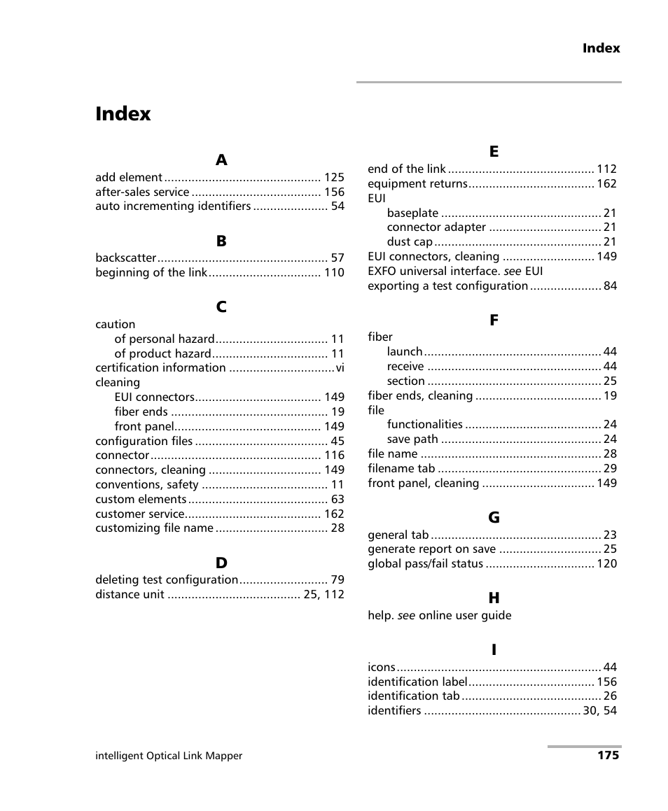 Index | EXFO iOLM User Manual | Page 181 / 186