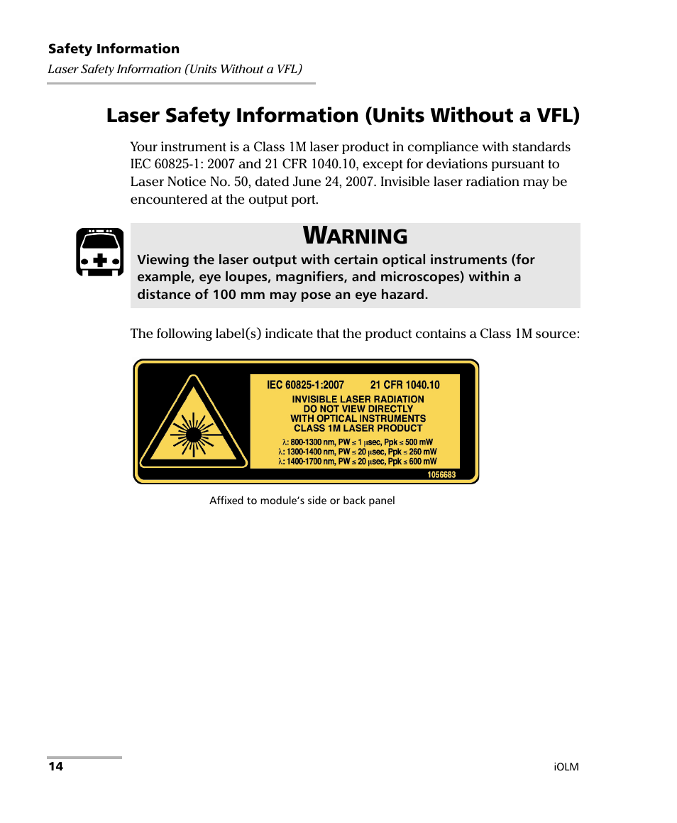 Laser safety information (units without a vfl), Arning | EXFO iOLM User Manual | Page 20 / 186