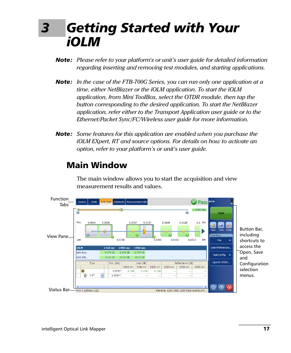 3 getting started with your iolm, Main window, 3getting started with your iolm | EXFO iOLM User Manual | Page 23 / 186