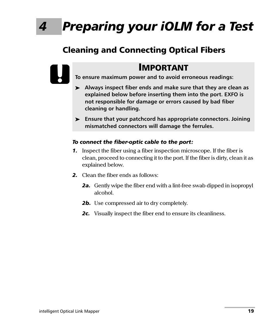 4 preparing your iolm for a test, Cleaning and connecting optical fibers, 4preparing your iolm for a test | Mportant | EXFO iOLM User Manual | Page 25 / 186