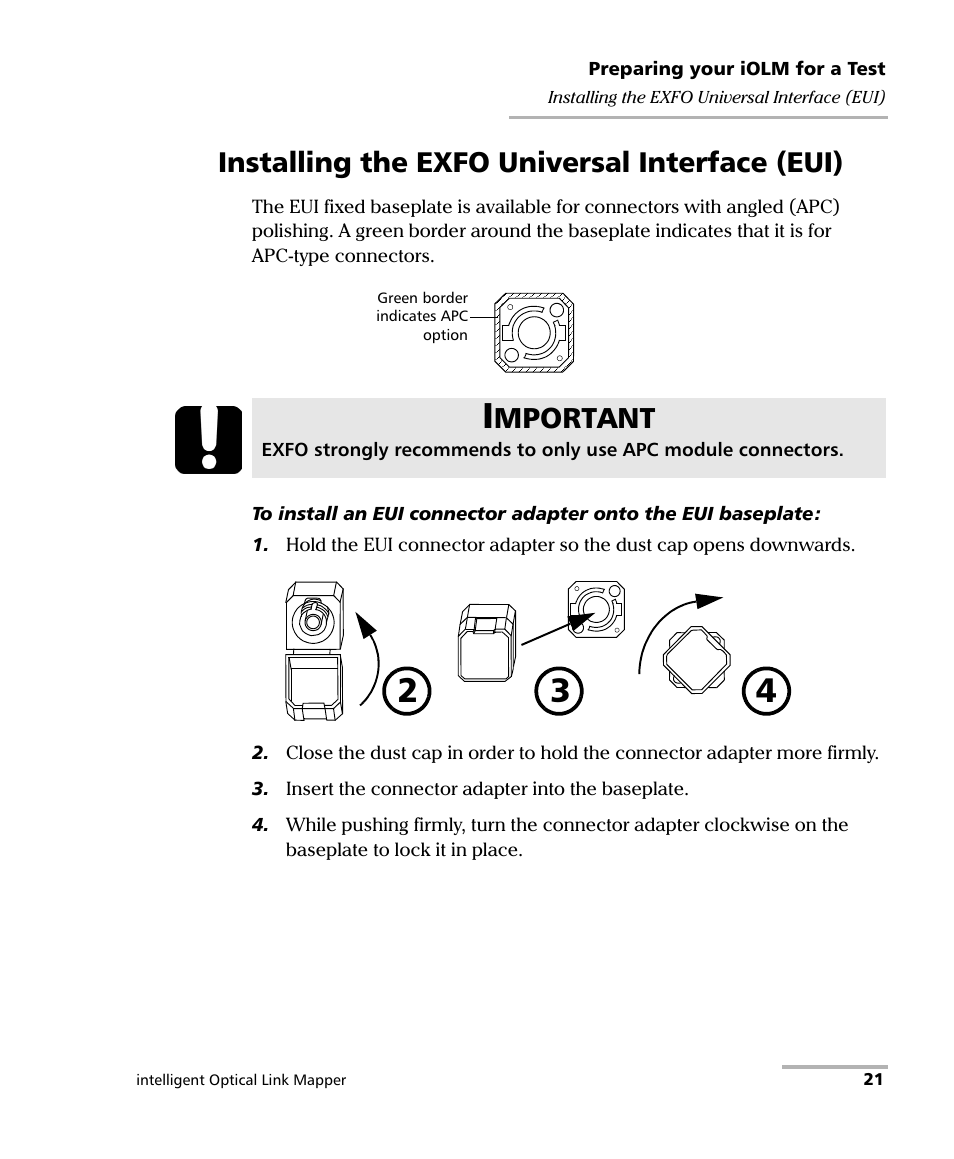 Installing the exfo universal interface (eui), Mportant | EXFO iOLM User Manual | Page 27 / 186