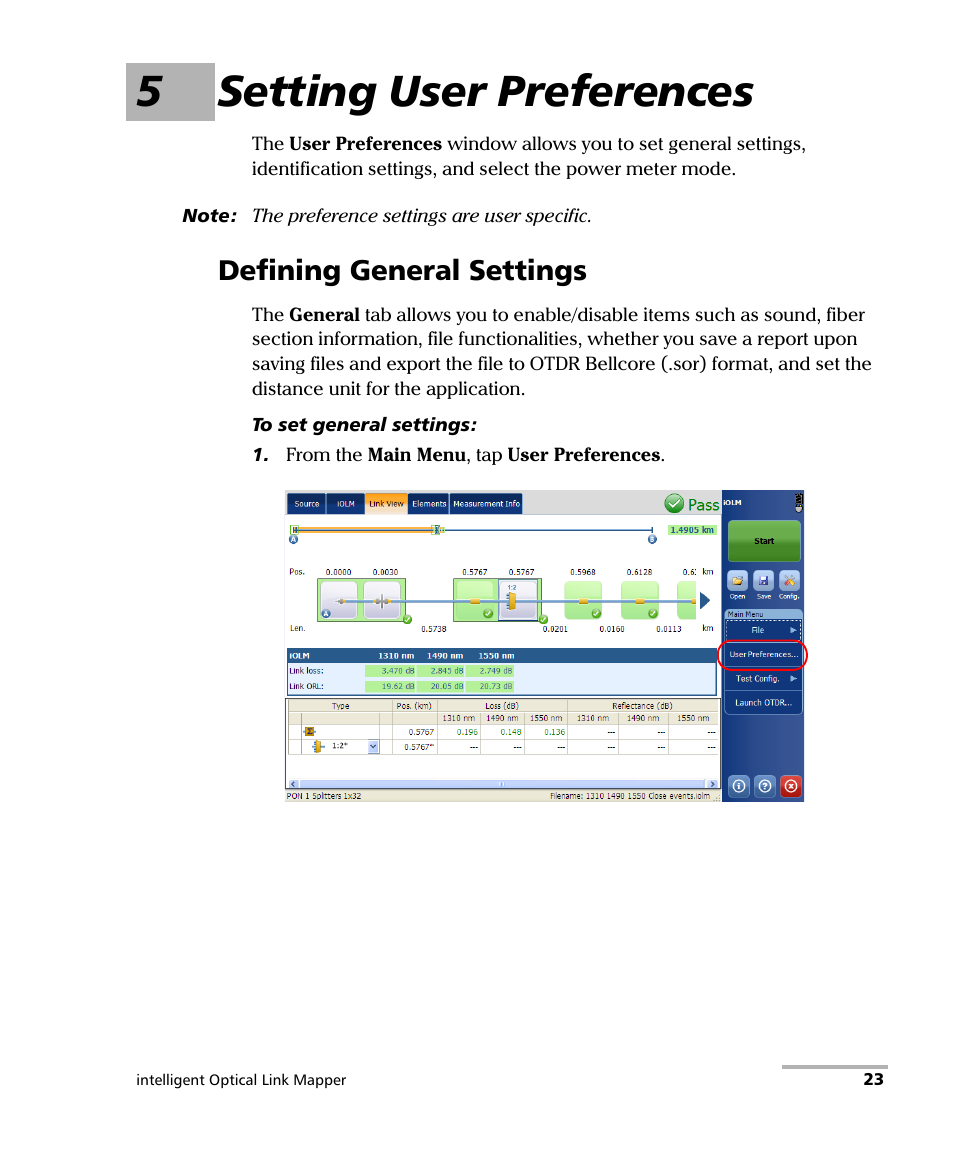 5 setting user preferences, Defining general settings, 5setting user preferences | EXFO iOLM User Manual | Page 29 / 186