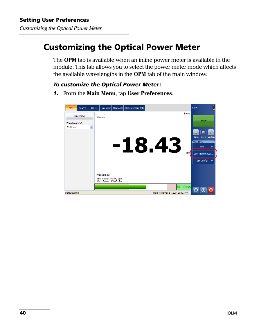 Customizing the optical power meter | EXFO iOLM User Manual | Page 46 / 186