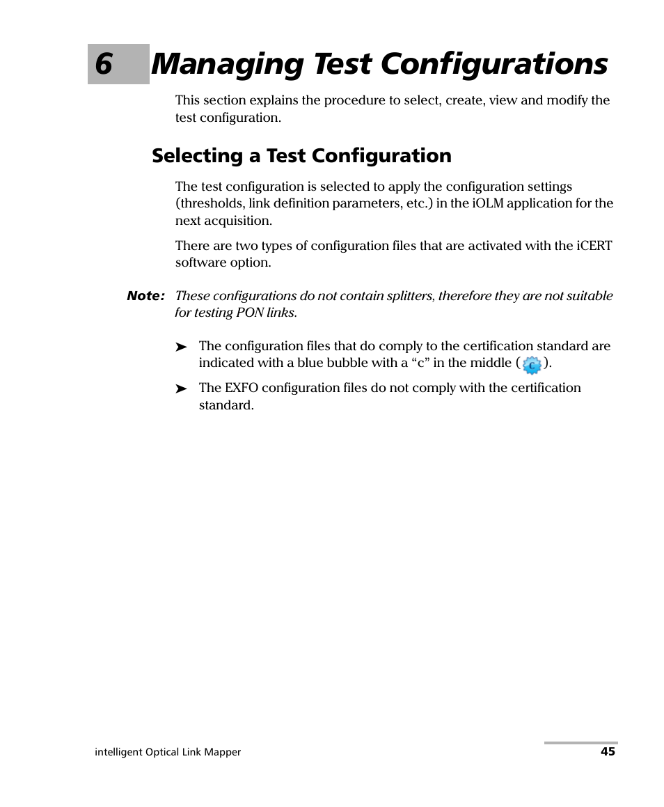 6 managing test configurations, Selecting a test configuration, 6managing test configurations | EXFO iOLM User Manual | Page 51 / 186