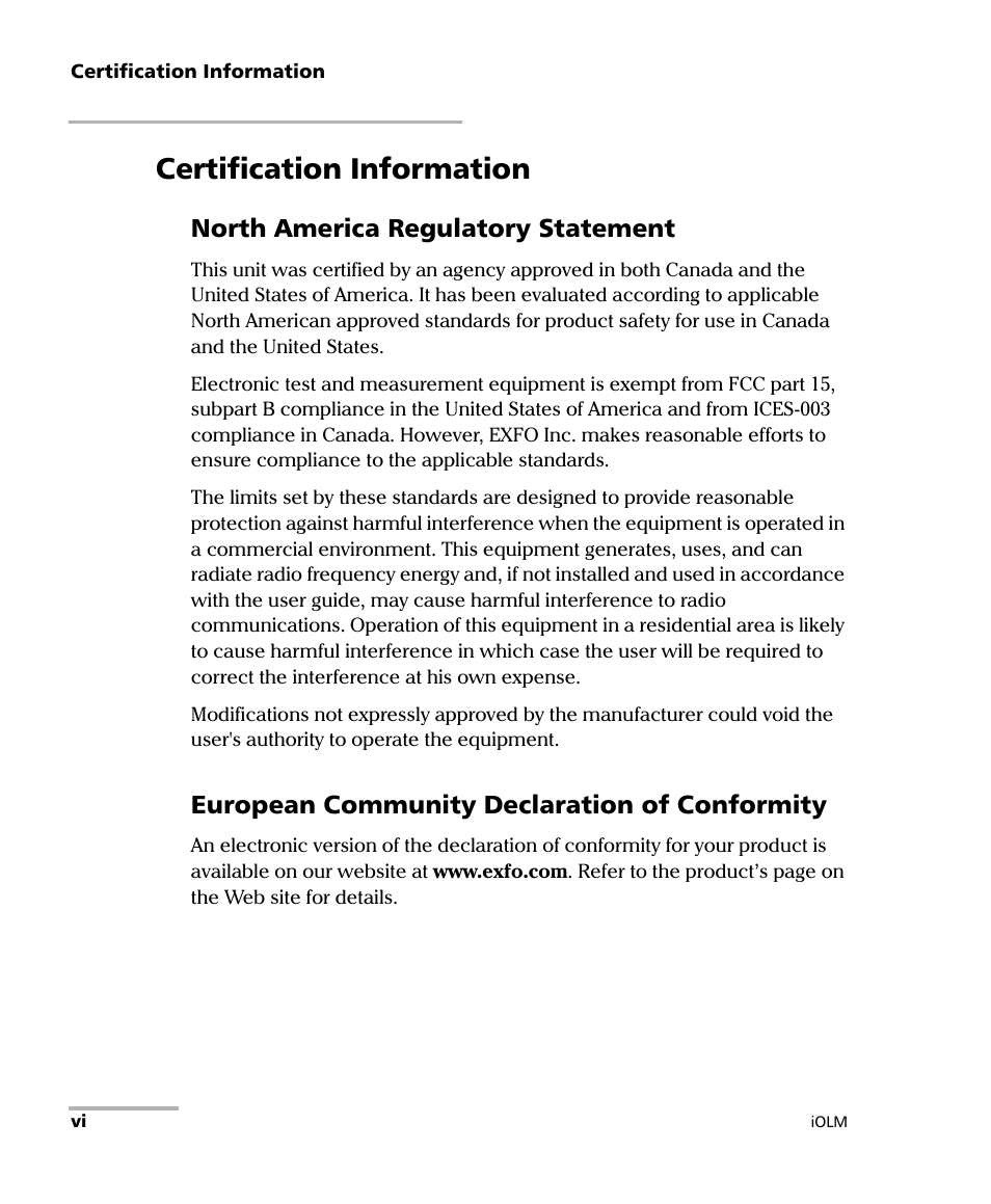 Certification information, North america regulatory statement, European community declaration of conformity | EXFO iOLM User Manual | Page 6 / 186