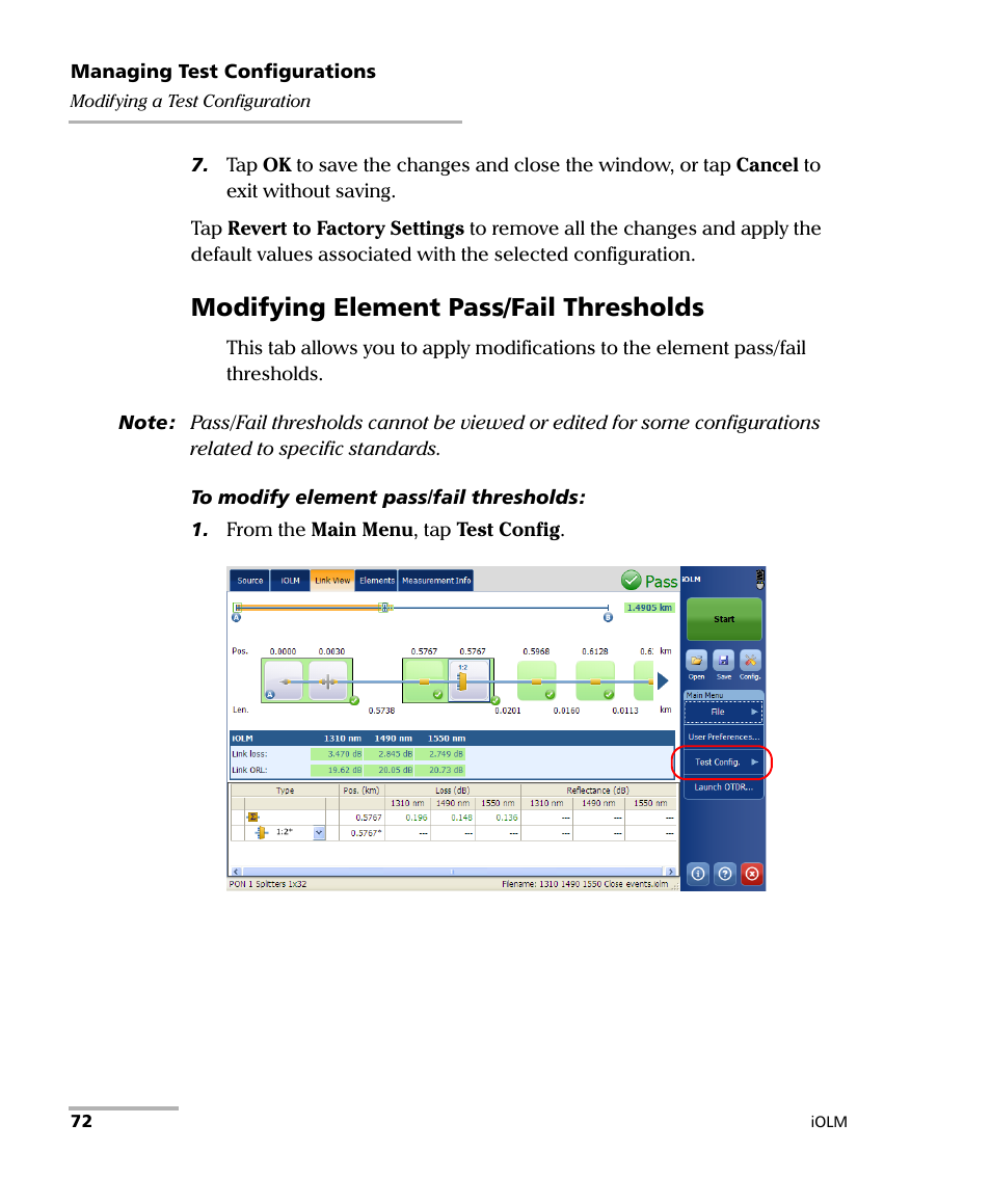 Modifying element pass/fail thresholds | EXFO iOLM User Manual | Page 78 / 186