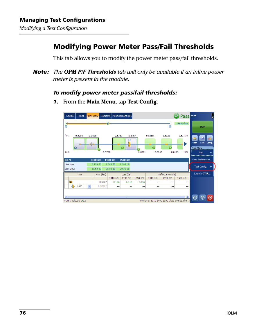 Modifying power meter pass/fail thresholds | EXFO iOLM User Manual | Page 82 / 186