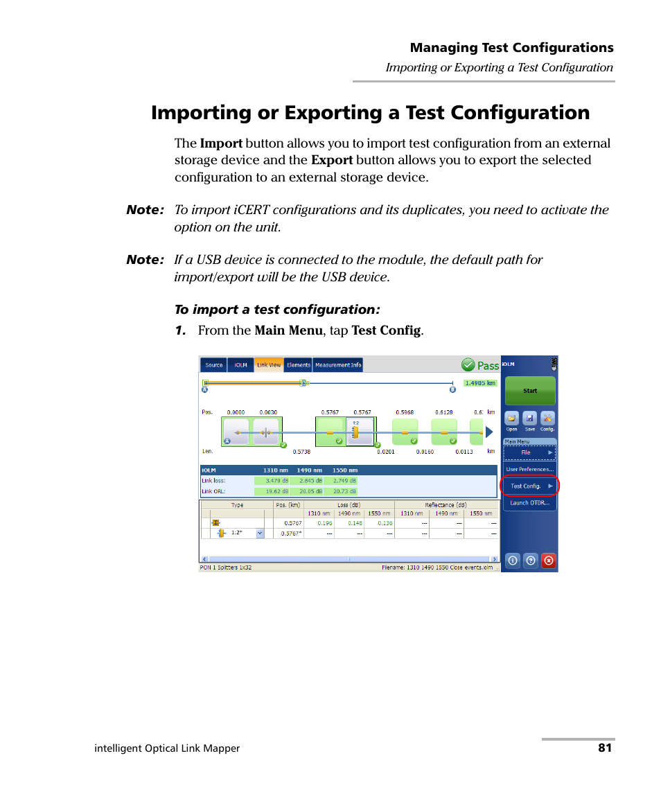 Importing or exporting a test configuration | EXFO iOLM User Manual | Page 87 / 186