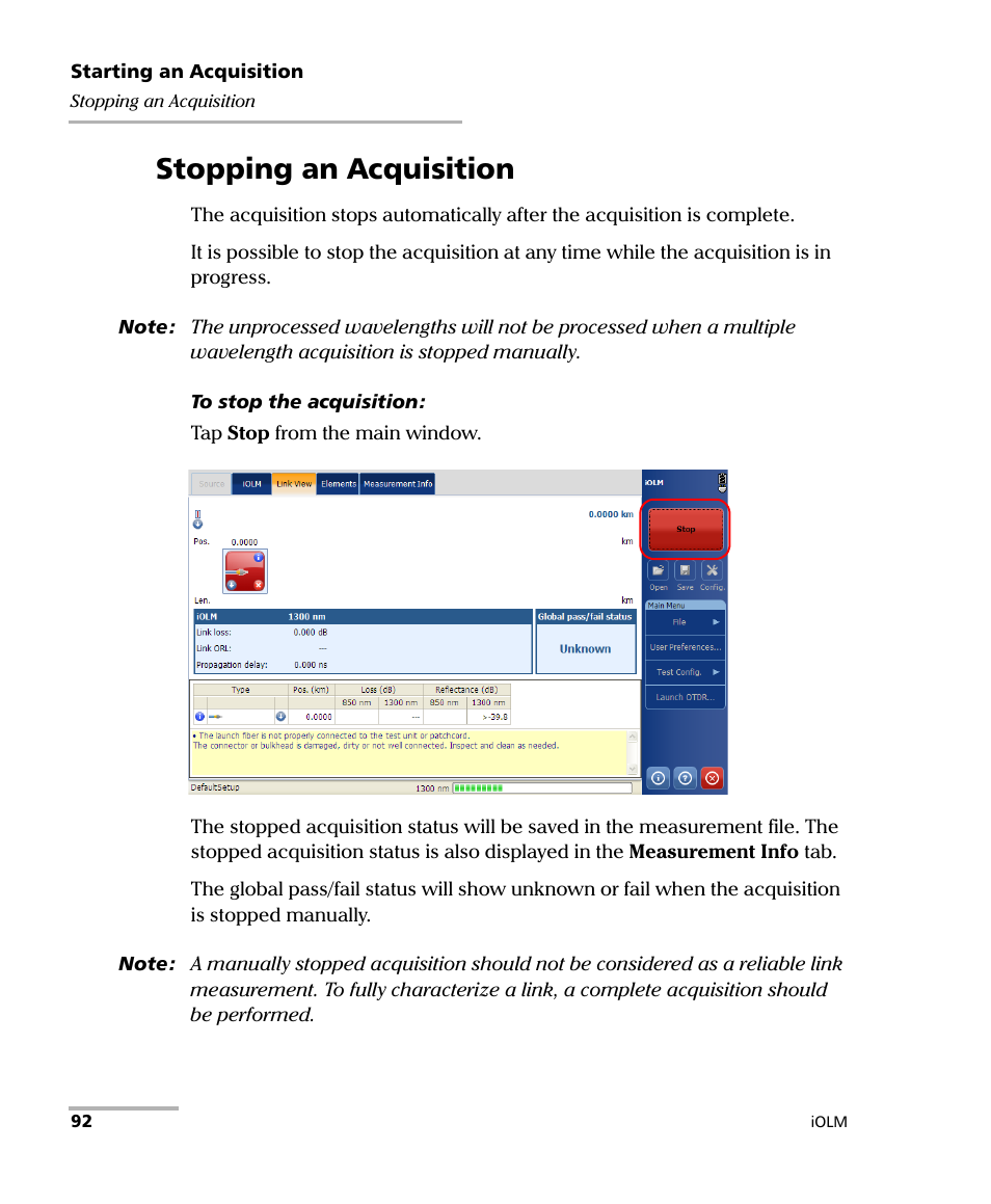 Stopping an acquisition | EXFO iOLM User Manual | Page 98 / 186