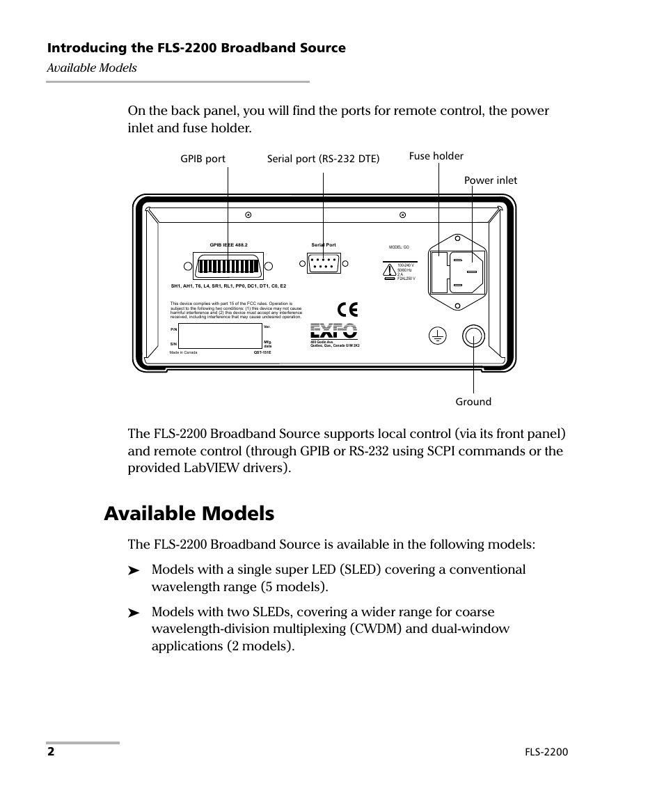 Available models, Introducing the fls-2200 broadband source, Fls-2200 | Ground | EXFO FLS-2200 Broadband Source User Manual | Page 10 / 183