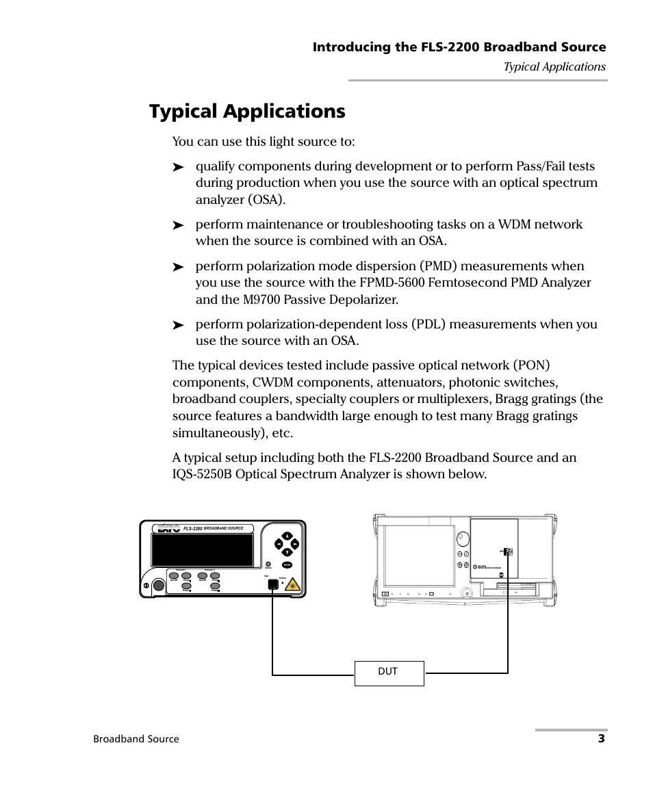 Typical applications, Introducing the fls-2200 broadband source, You can use this light source to | 3typical applications, Broadband source | EXFO FLS-2200 Broadband Source User Manual | Page 11 / 183
