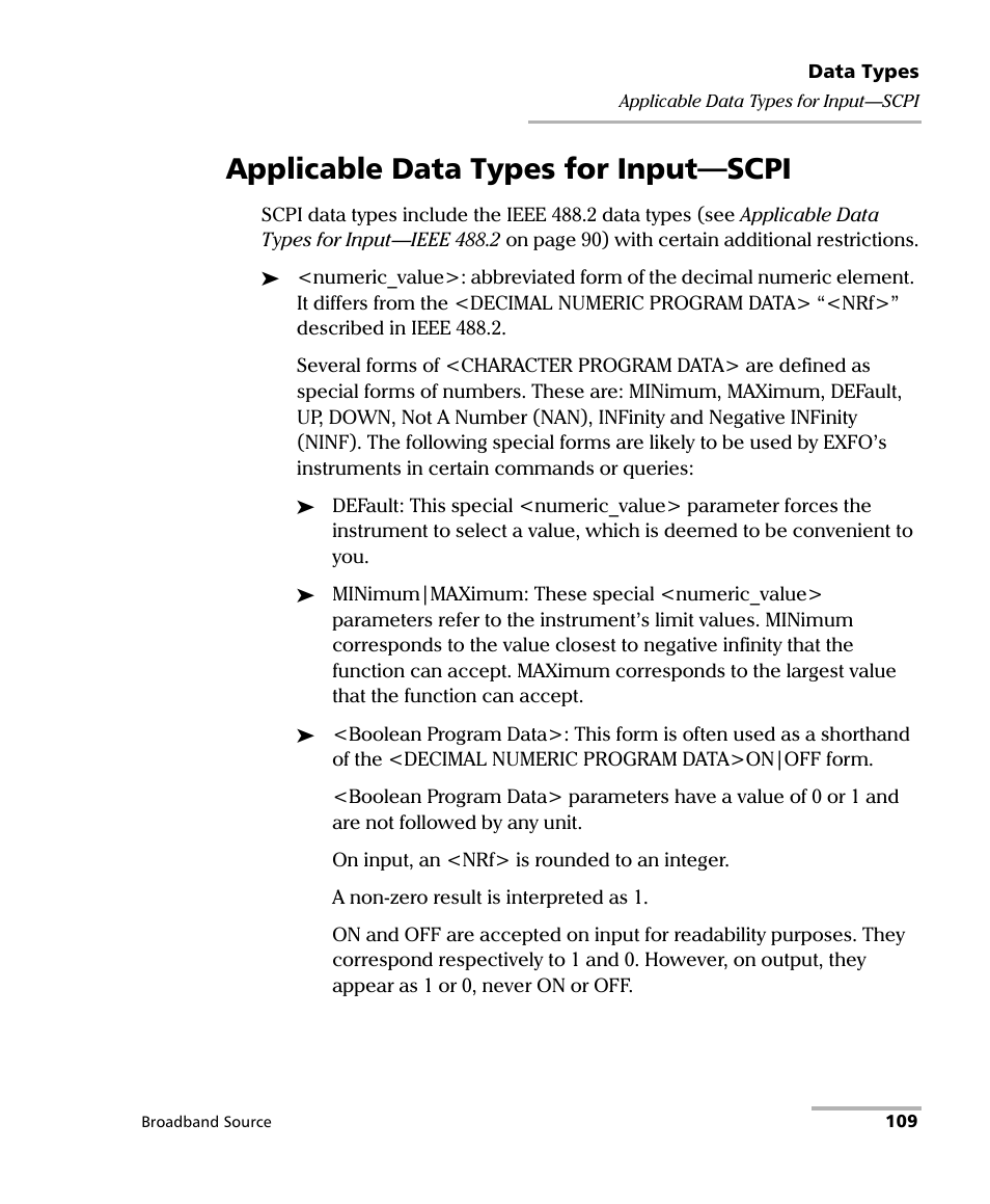Applicable data types for input—scpi | EXFO FLS-2200 Broadband Source User Manual | Page 117 / 183