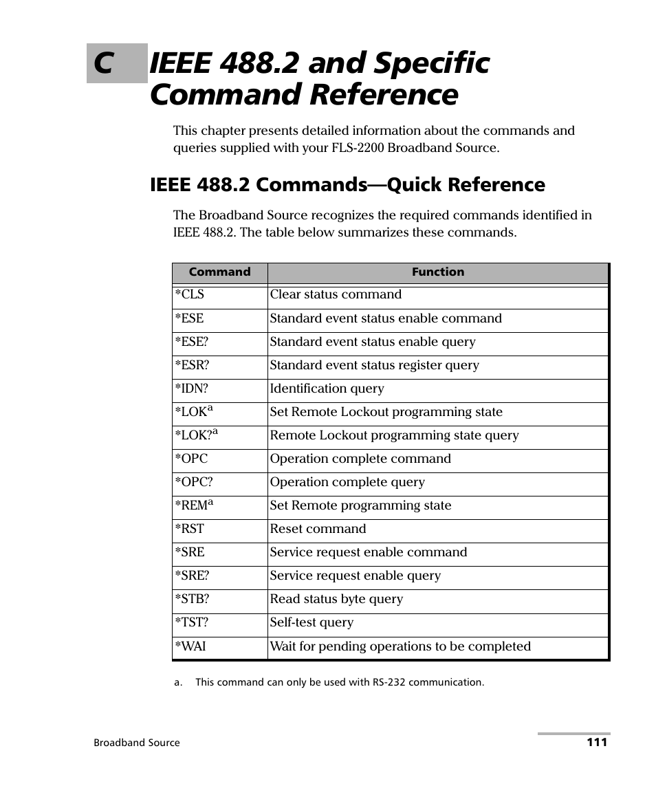 C ieee 488.2 and specific command reference, Ieee 488.2 commands—quick reference | EXFO FLS-2200 Broadband Source User Manual | Page 119 / 183