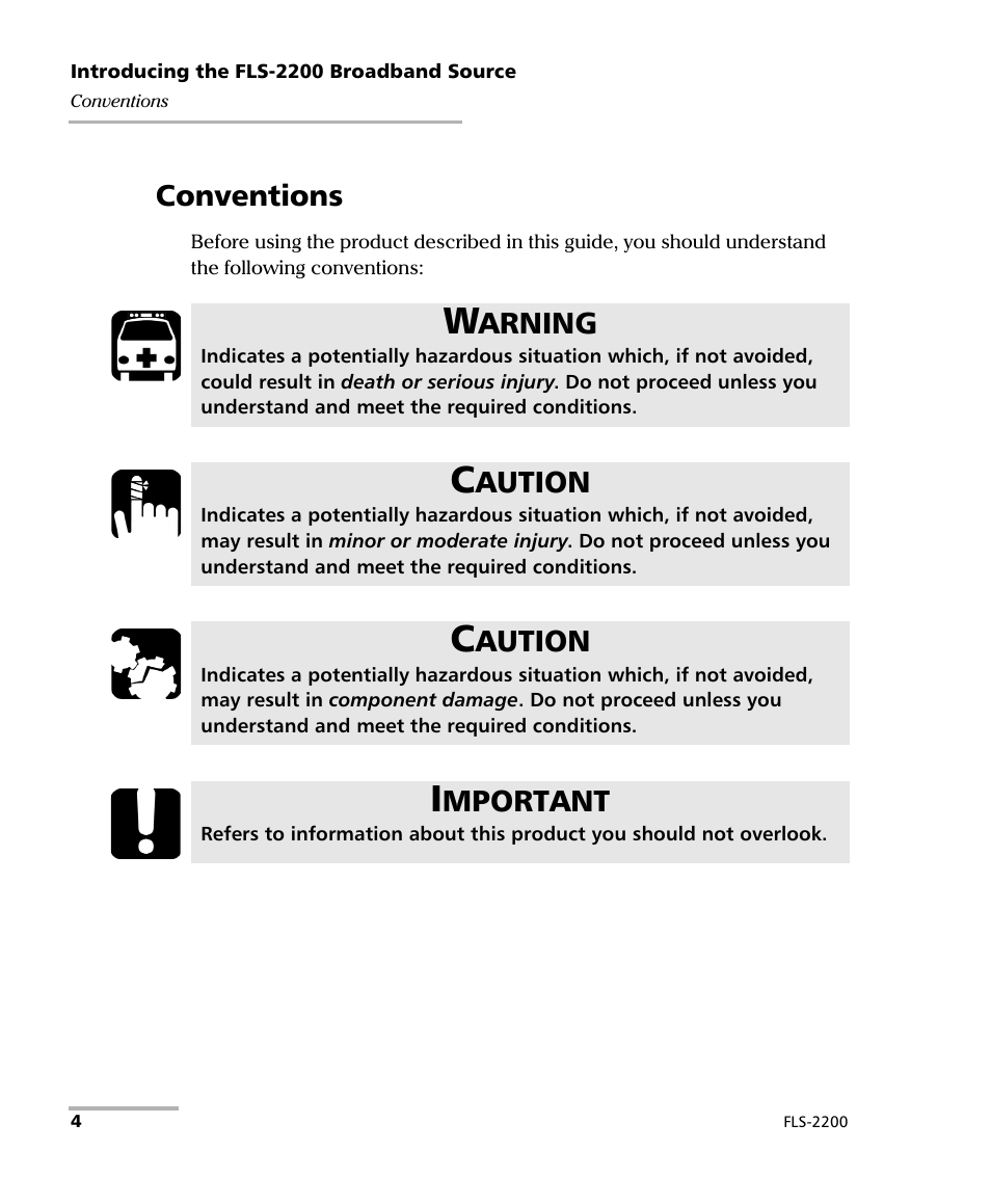 Conventions, Arning, Aution | Mportant | EXFO FLS-2200 Broadband Source User Manual | Page 12 / 183