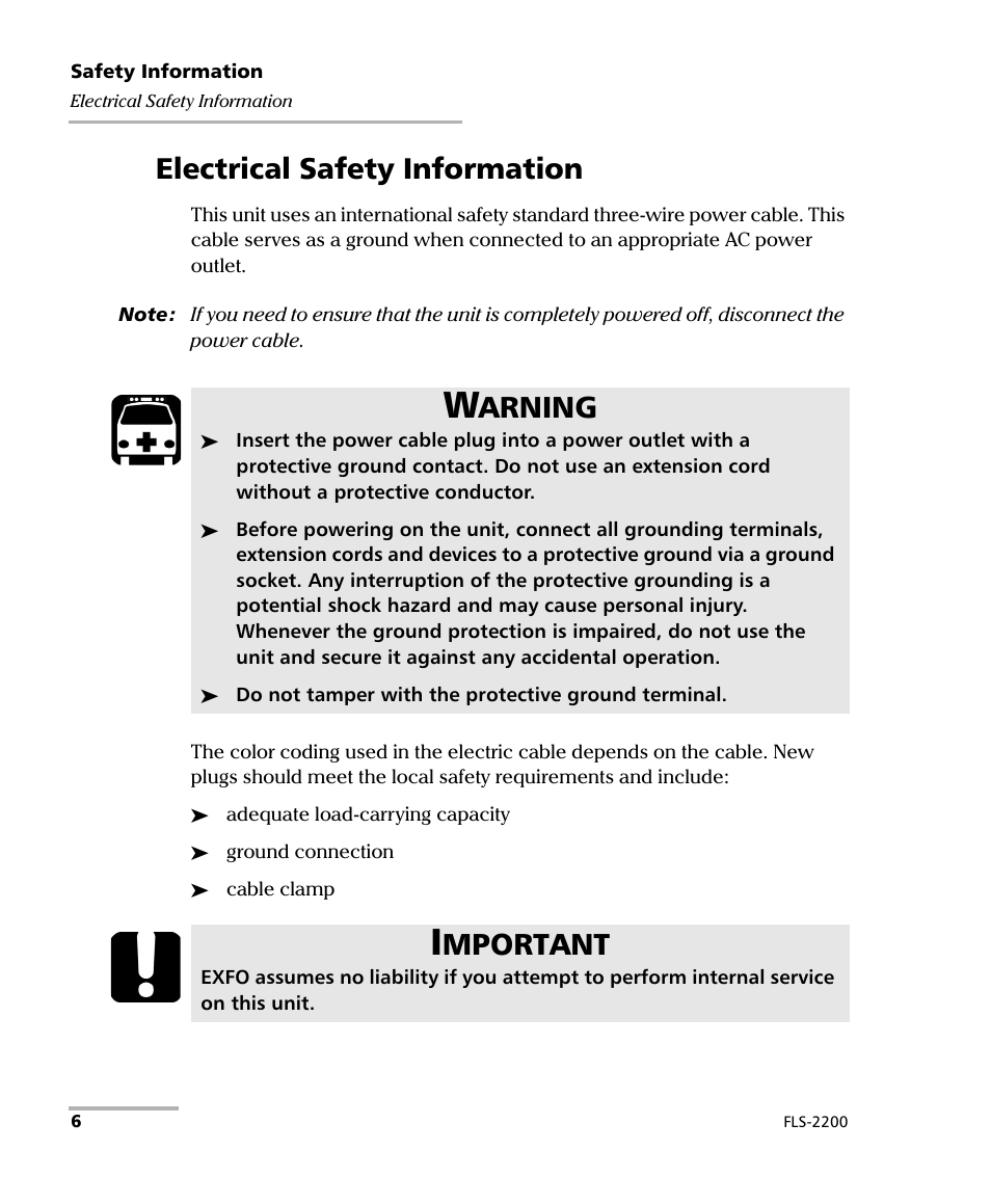 Electrical safety information, Arning, Mportant | EXFO FLS-2200 Broadband Source User Manual | Page 14 / 183