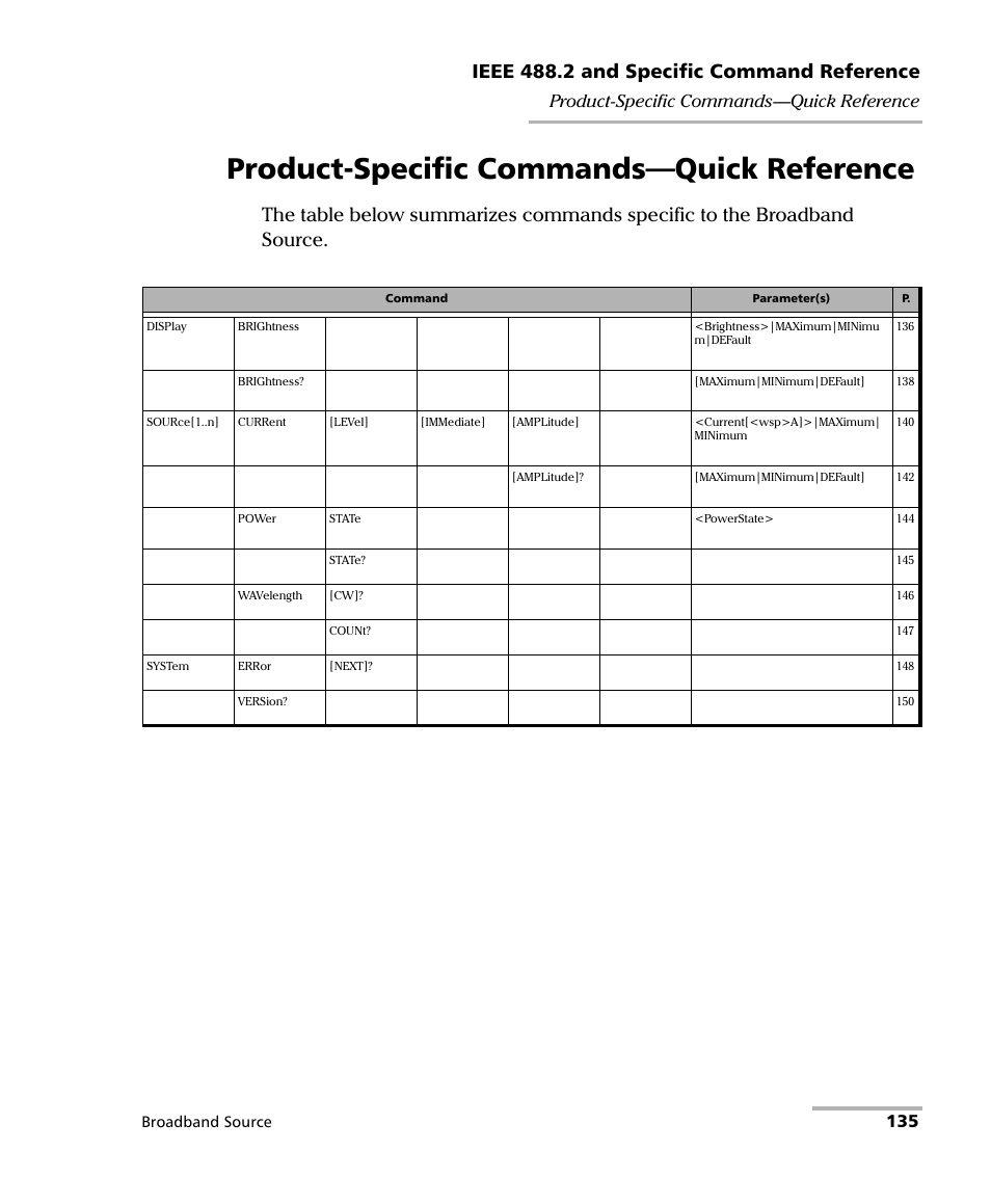 Product-specific commands—quick reference, Ieee 488.2 and specific command reference, 135 product-specific commands—quick reference | EXFO FLS-2200 Broadband Source User Manual | Page 143 / 183