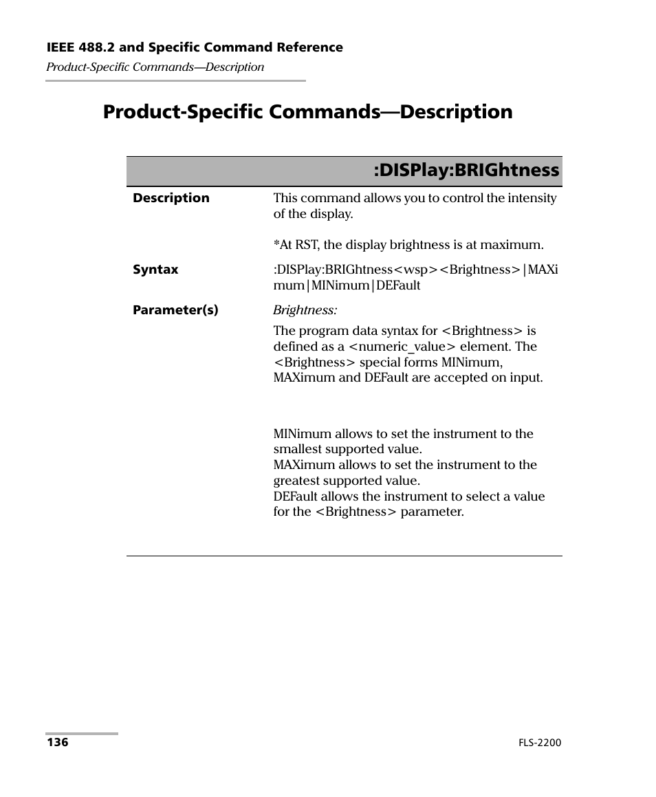 Product-specific commands—description, Display:brightness | EXFO FLS-2200 Broadband Source User Manual | Page 144 / 183