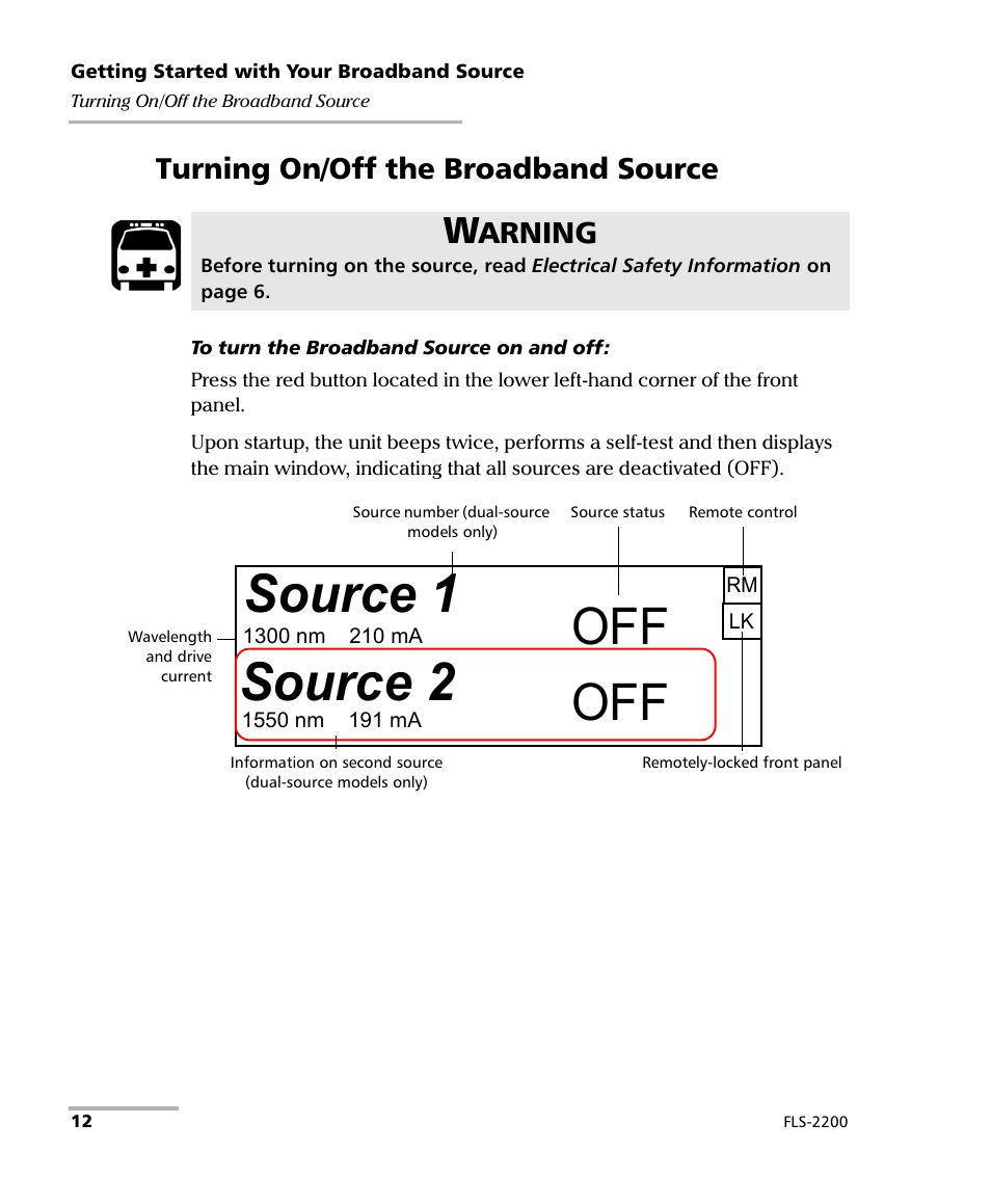 Turning on/off the broadband source, Source 1, Source 2 | Arning | EXFO FLS-2200 Broadband Source User Manual | Page 20 / 183