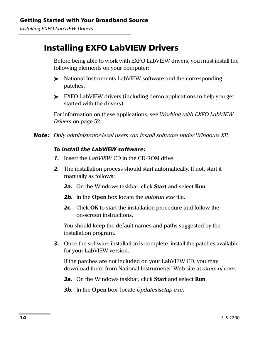 Installing exfo labview drivers | EXFO FLS-2200 Broadband Source User Manual | Page 22 / 183