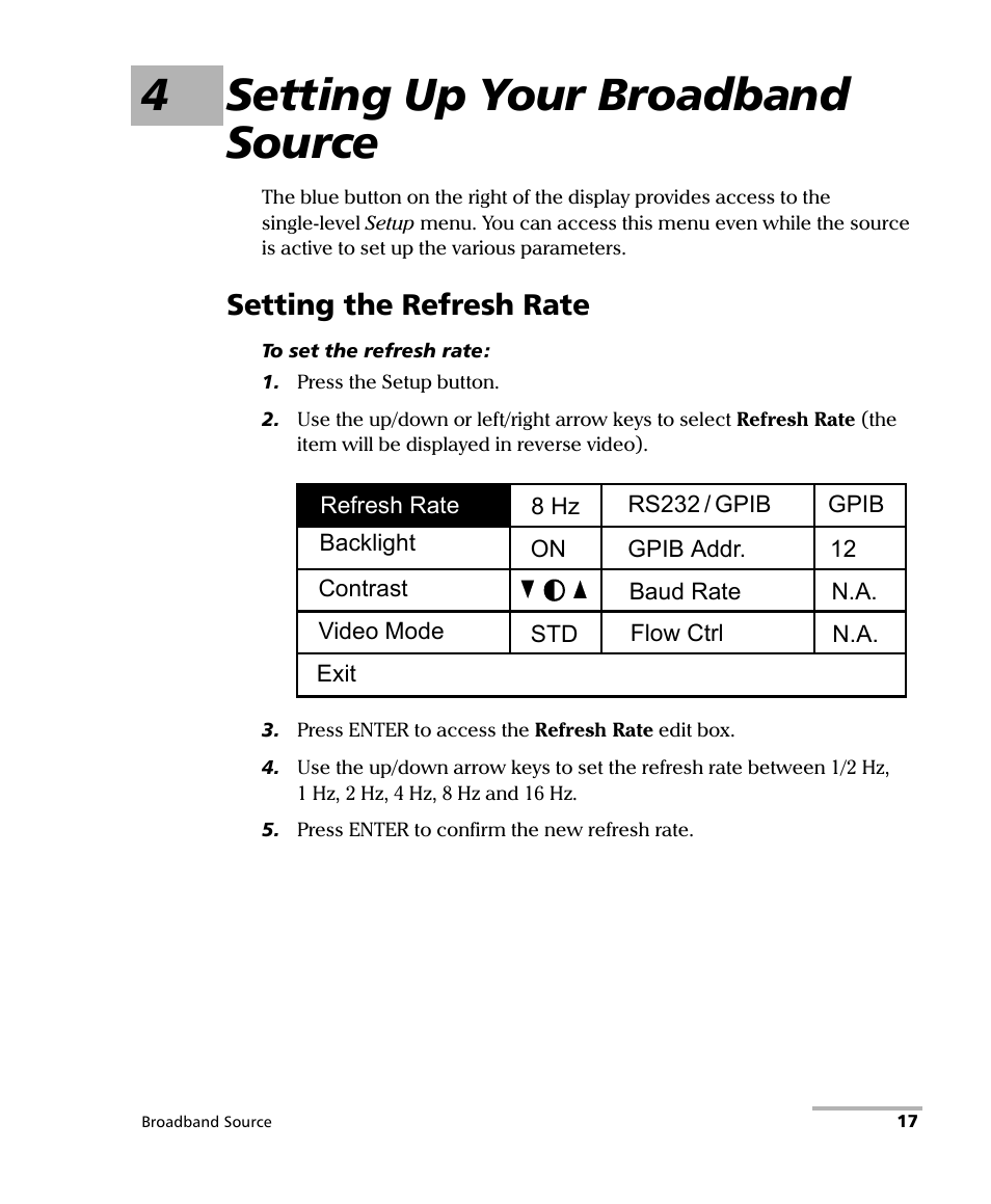 4 setting up your broadband source, Setting the refresh rate, 4setting up your broadband source | EXFO FLS-2200 Broadband Source User Manual | Page 25 / 183