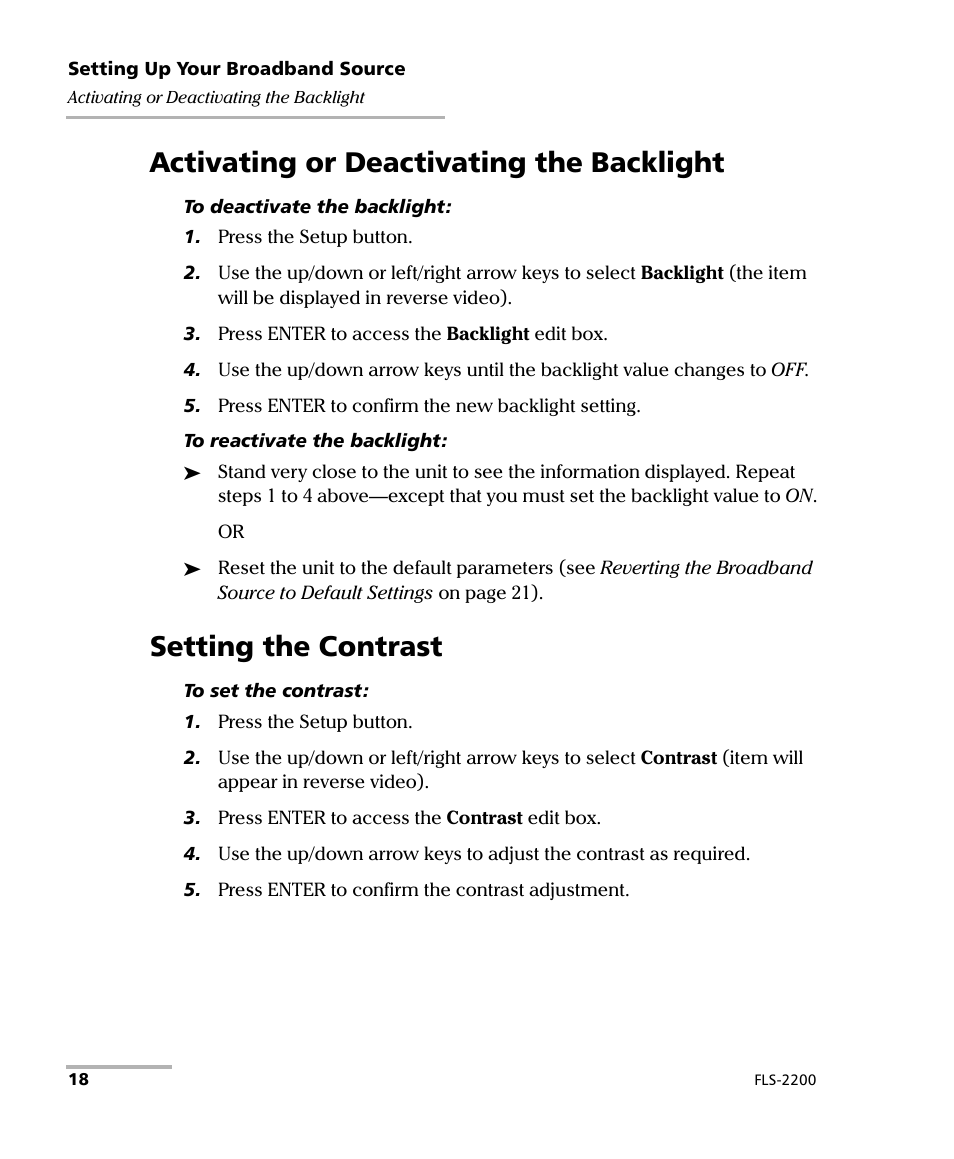 Activating or deactivating the backlight, Setting the contrast | EXFO FLS-2200 Broadband Source User Manual | Page 26 / 183