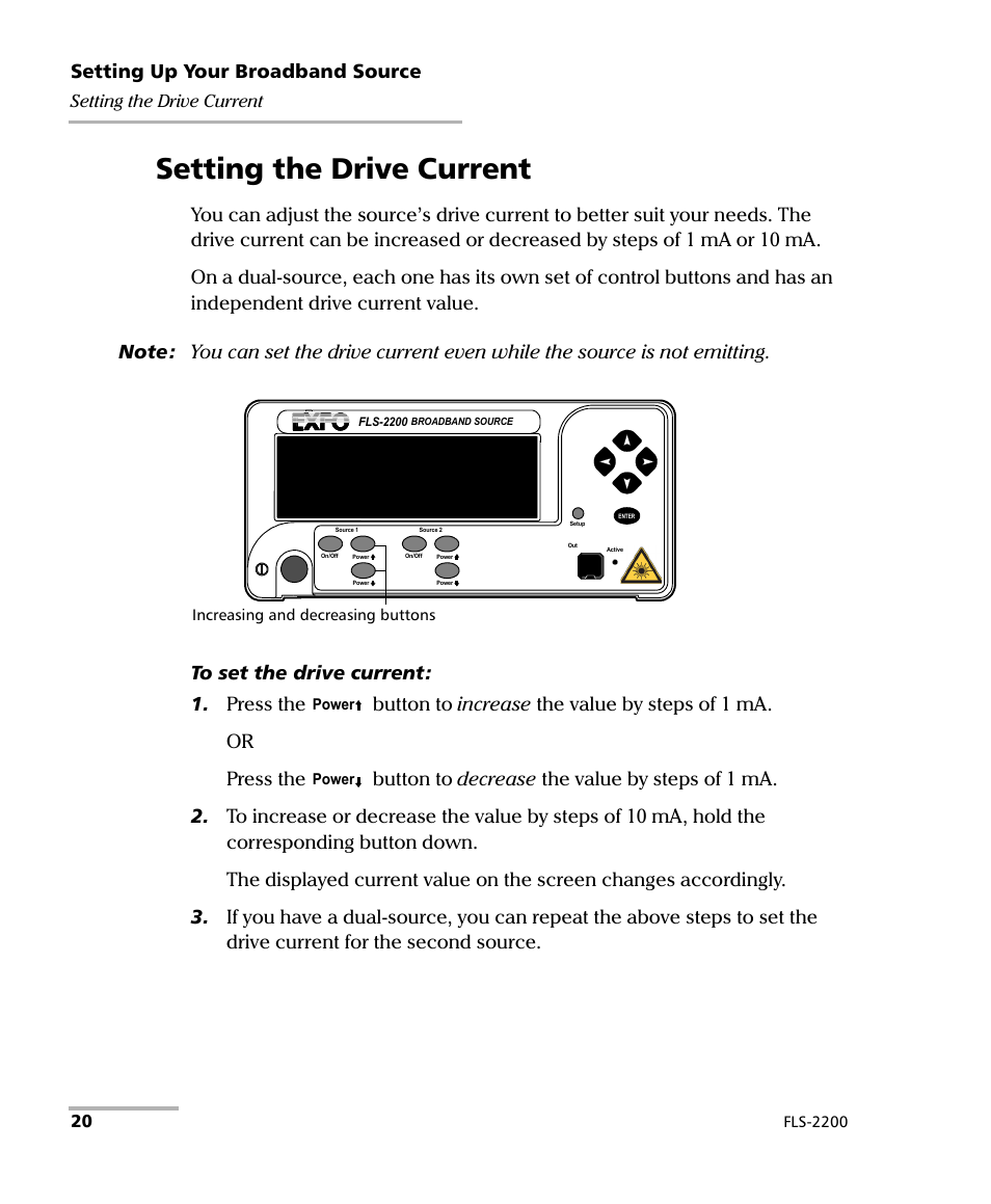 Setting the drive current, Setting up your broadband source | EXFO FLS-2200 Broadband Source User Manual | Page 28 / 183