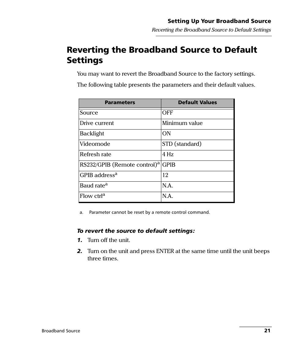 Reverting the broadband source to default settings | EXFO FLS-2200 Broadband Source User Manual | Page 29 / 183