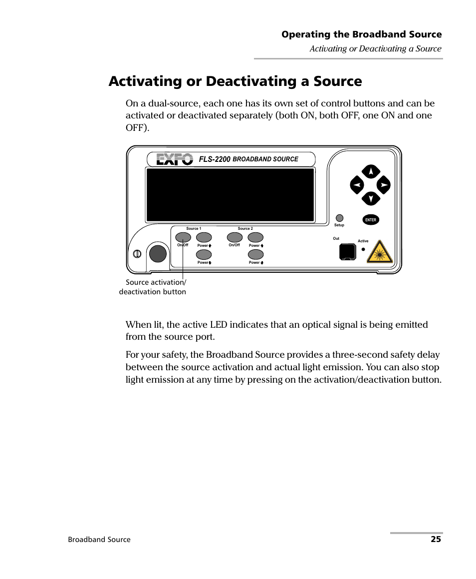 Activating or deactivating a source, Operating the broadband source, 25 activating or deactivating a source | EXFO FLS-2200 Broadband Source User Manual | Page 33 / 183